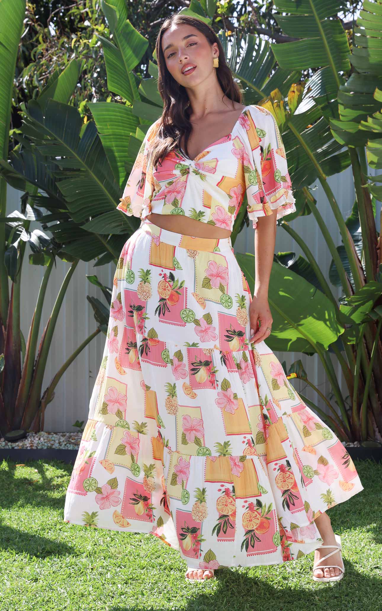 Corlette Crop Top - White Pineapple Tropical Print