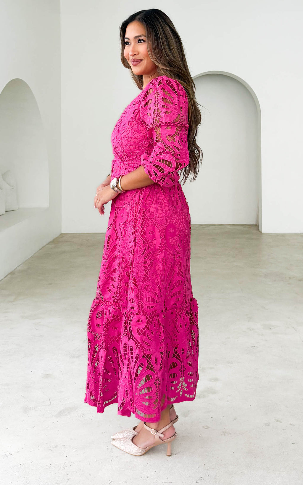 Criselda Lace Midi Dress - Hot Pink