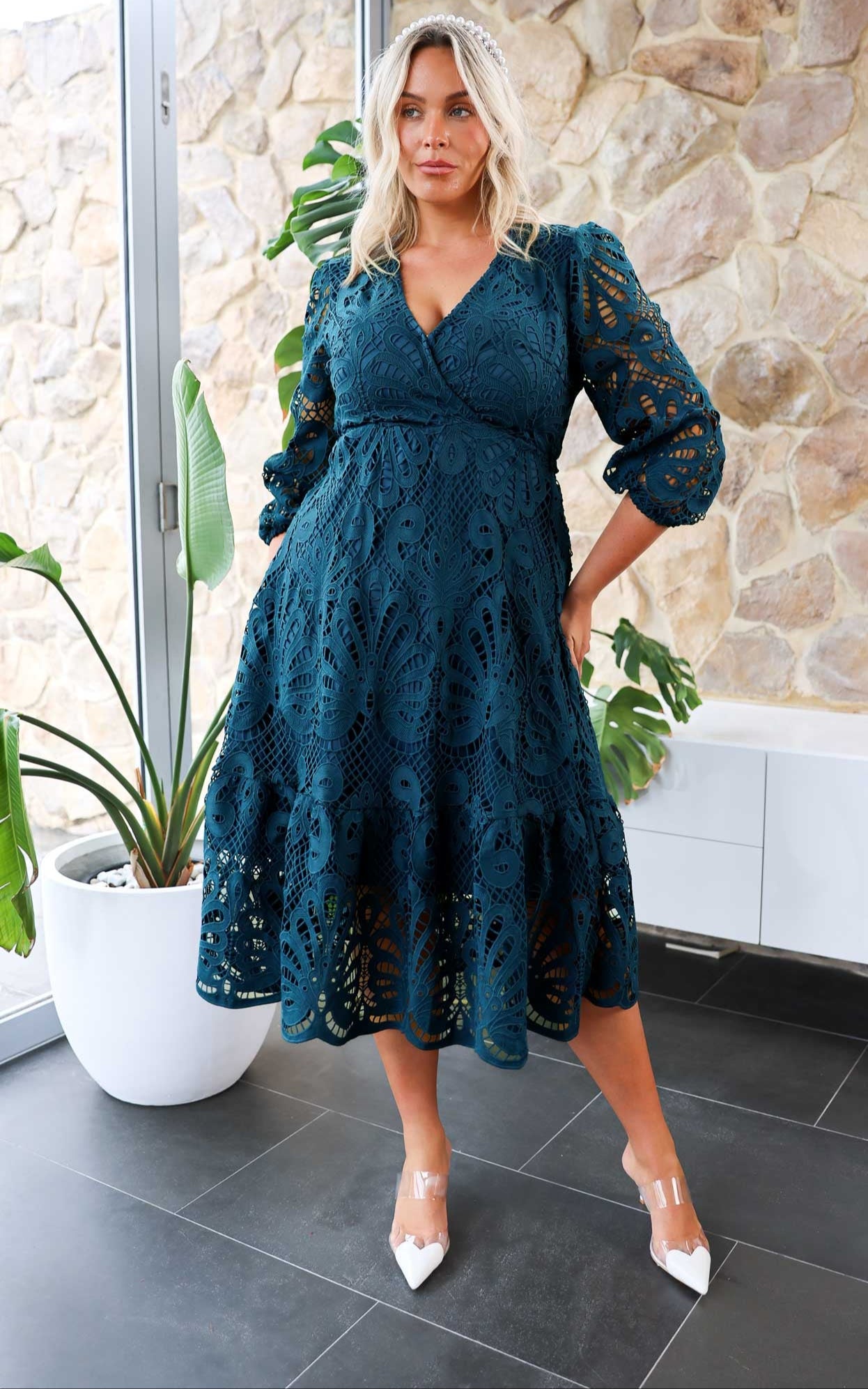 Criselda Lace Midi Dress - Teal Blue