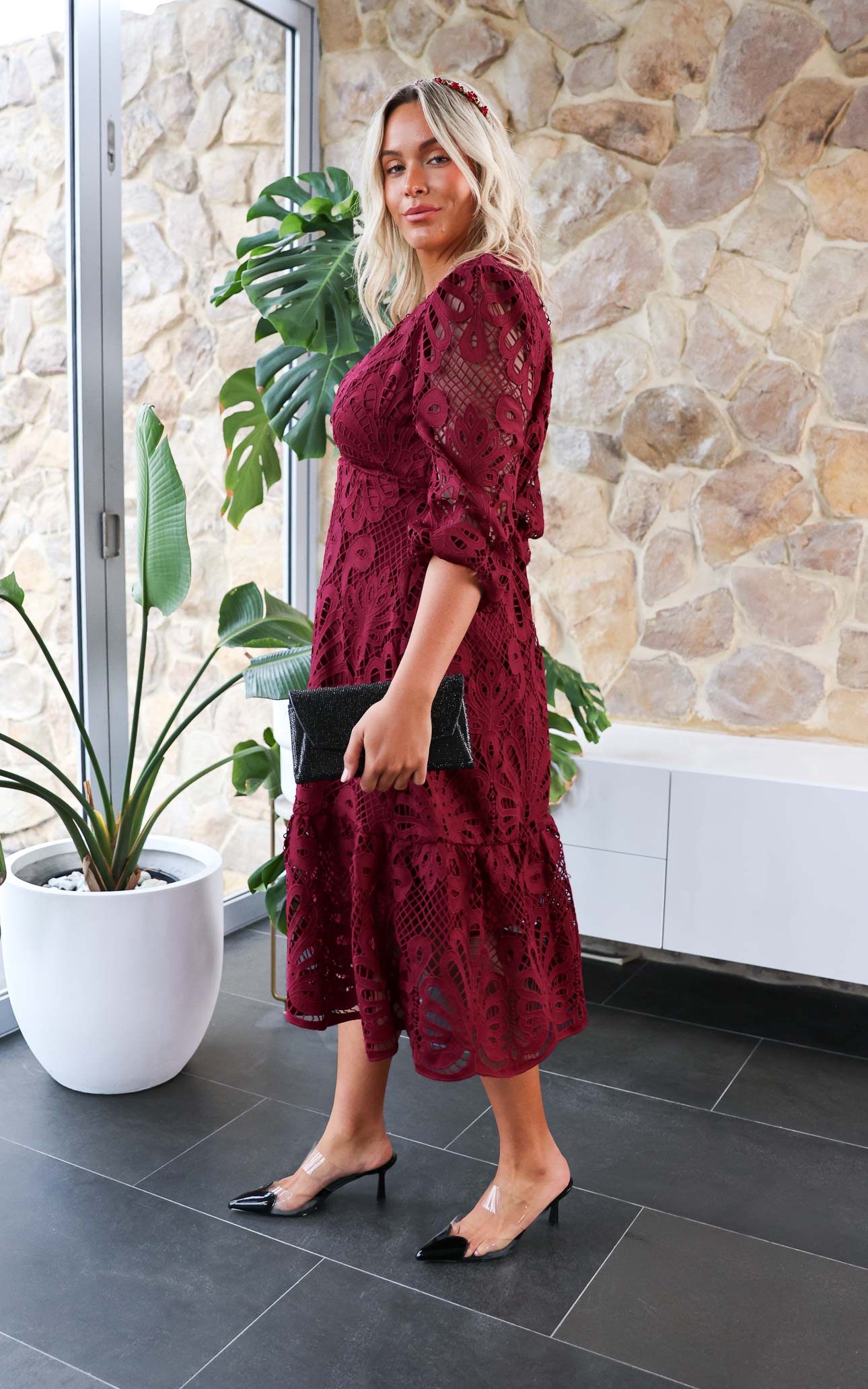 wine lace midi dress Plus Size Sheer Split Hem Lace V-Neck, Is More Midi Dress in Wine, Size 1X, For Cocktail