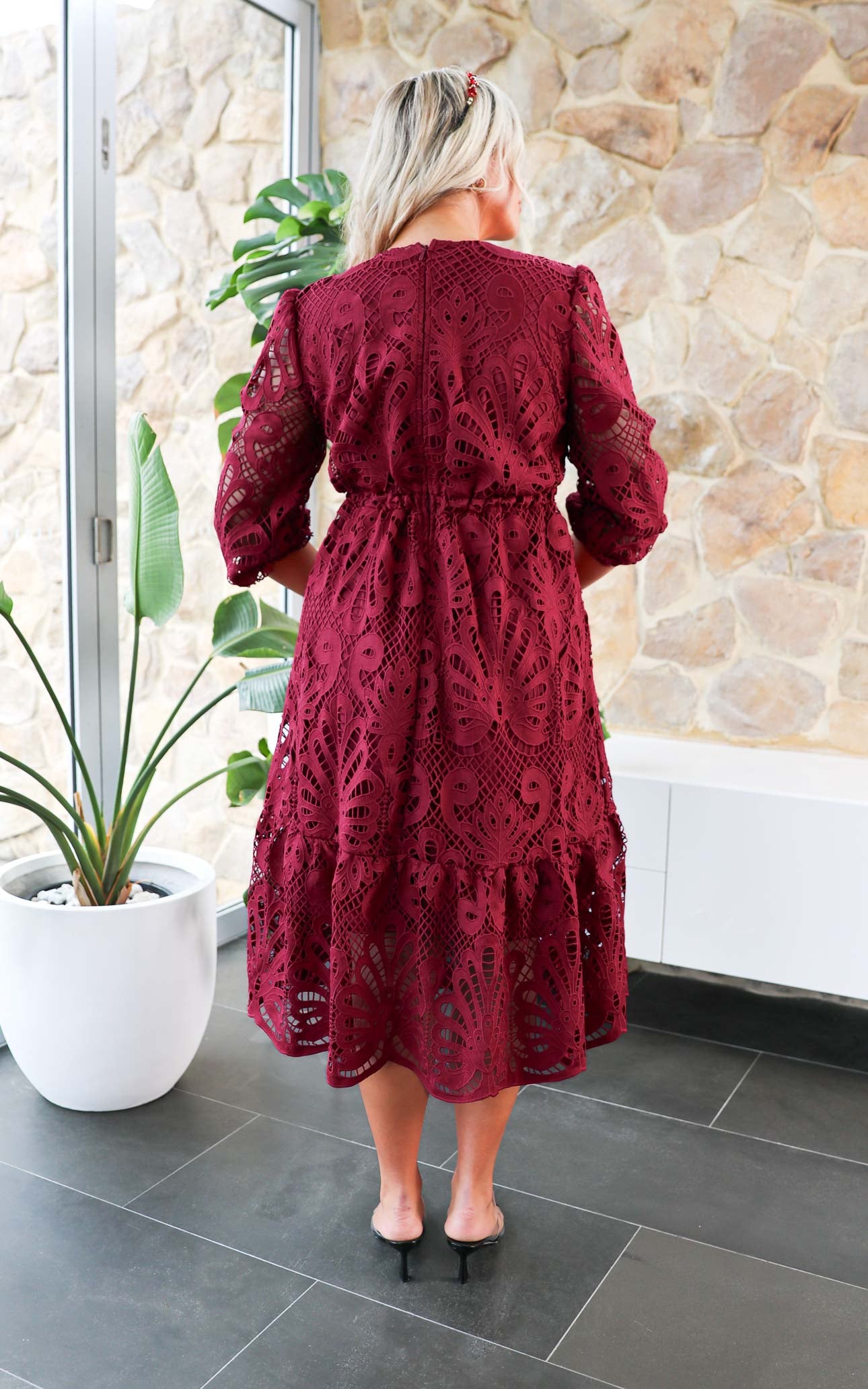 wine lace midi dress Wine Layered Lace Midi Dress with Details Skirt & Stiletto