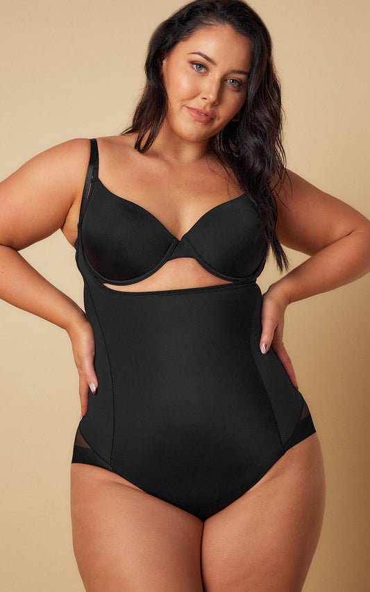 Cupid Low U Open Bust Shapewear Bodysuit - Black