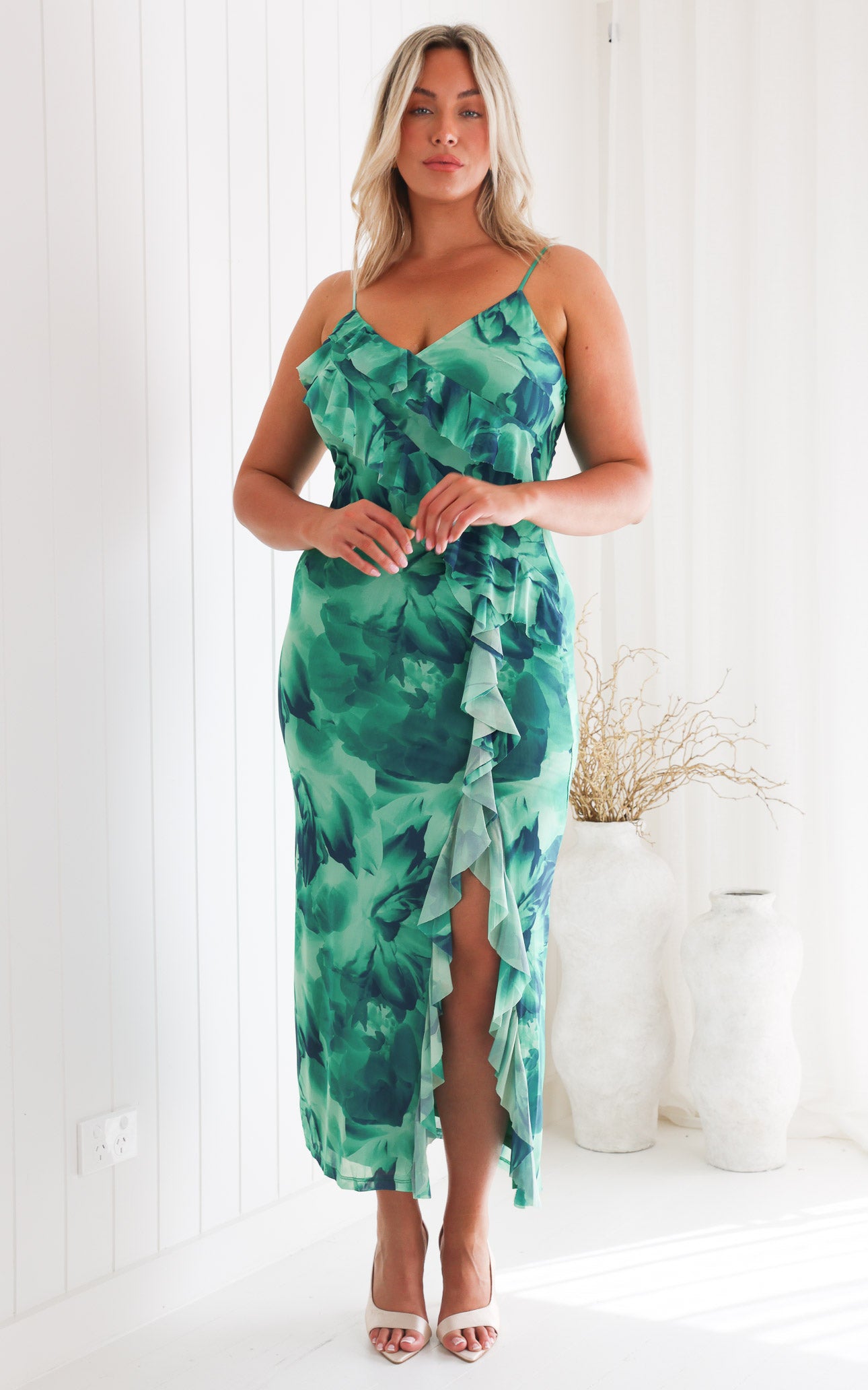 Dahlia Mesh Maxi Dress - Green Floral