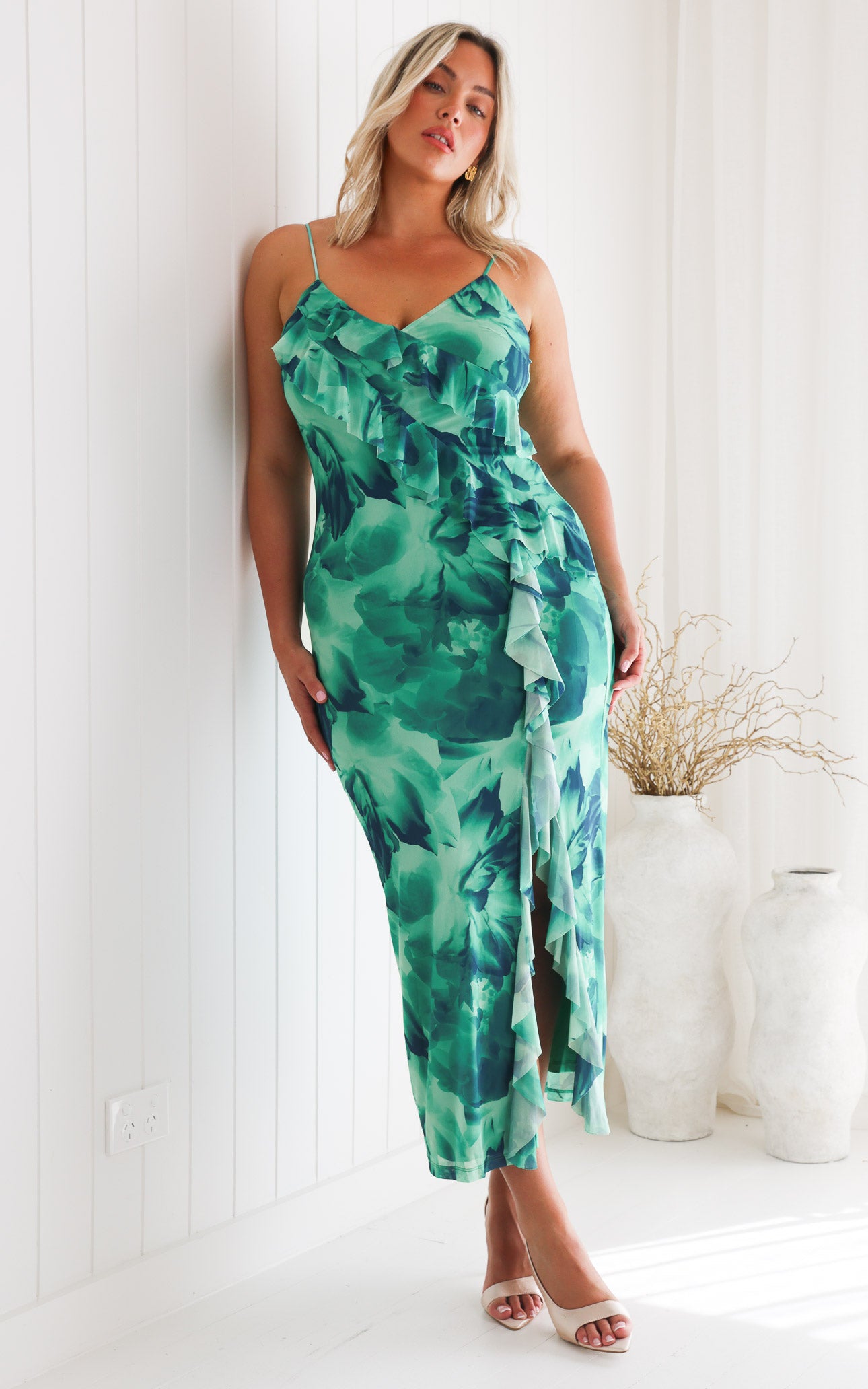 Dahlia Mesh Maxi Dress - Green Floral