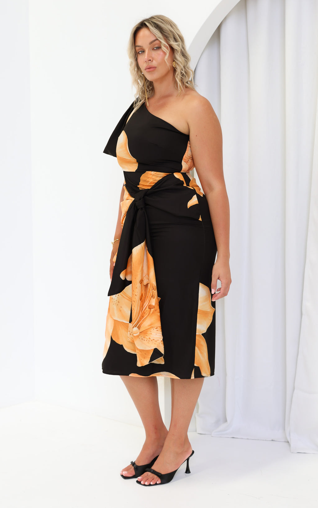 Damita Midi Dress - Black Orange Floral