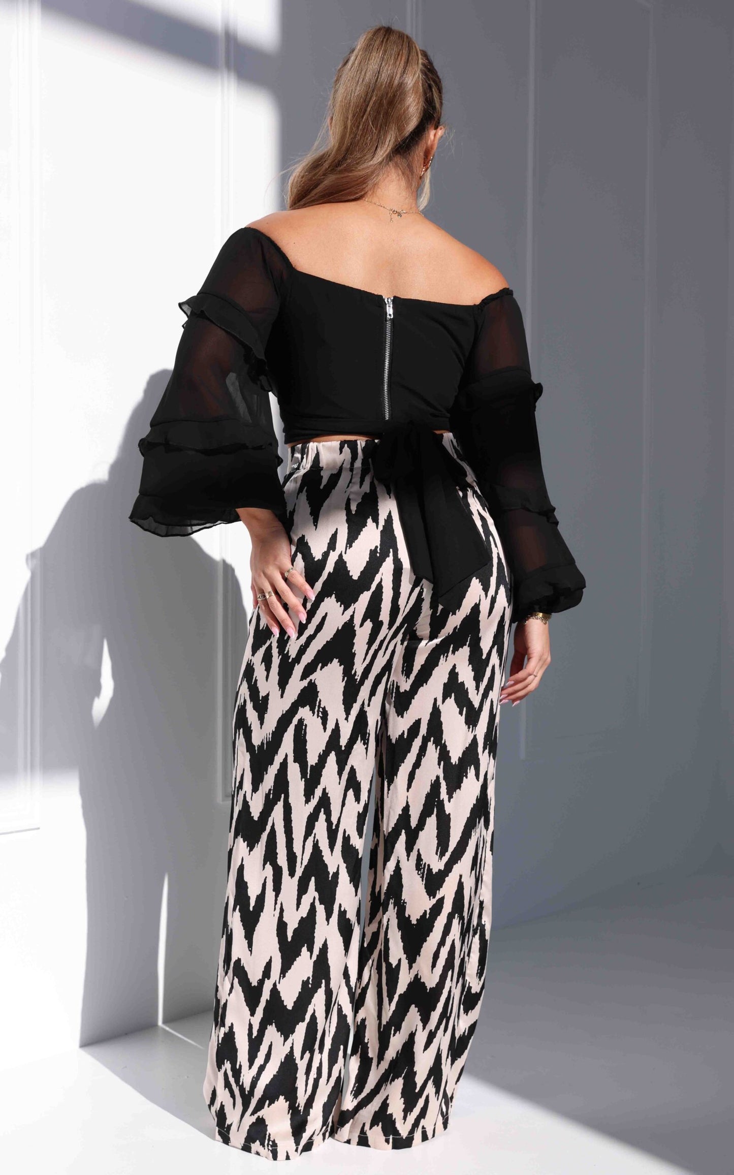 Daya Satin Wide Leg Pants - Ivory Black Print