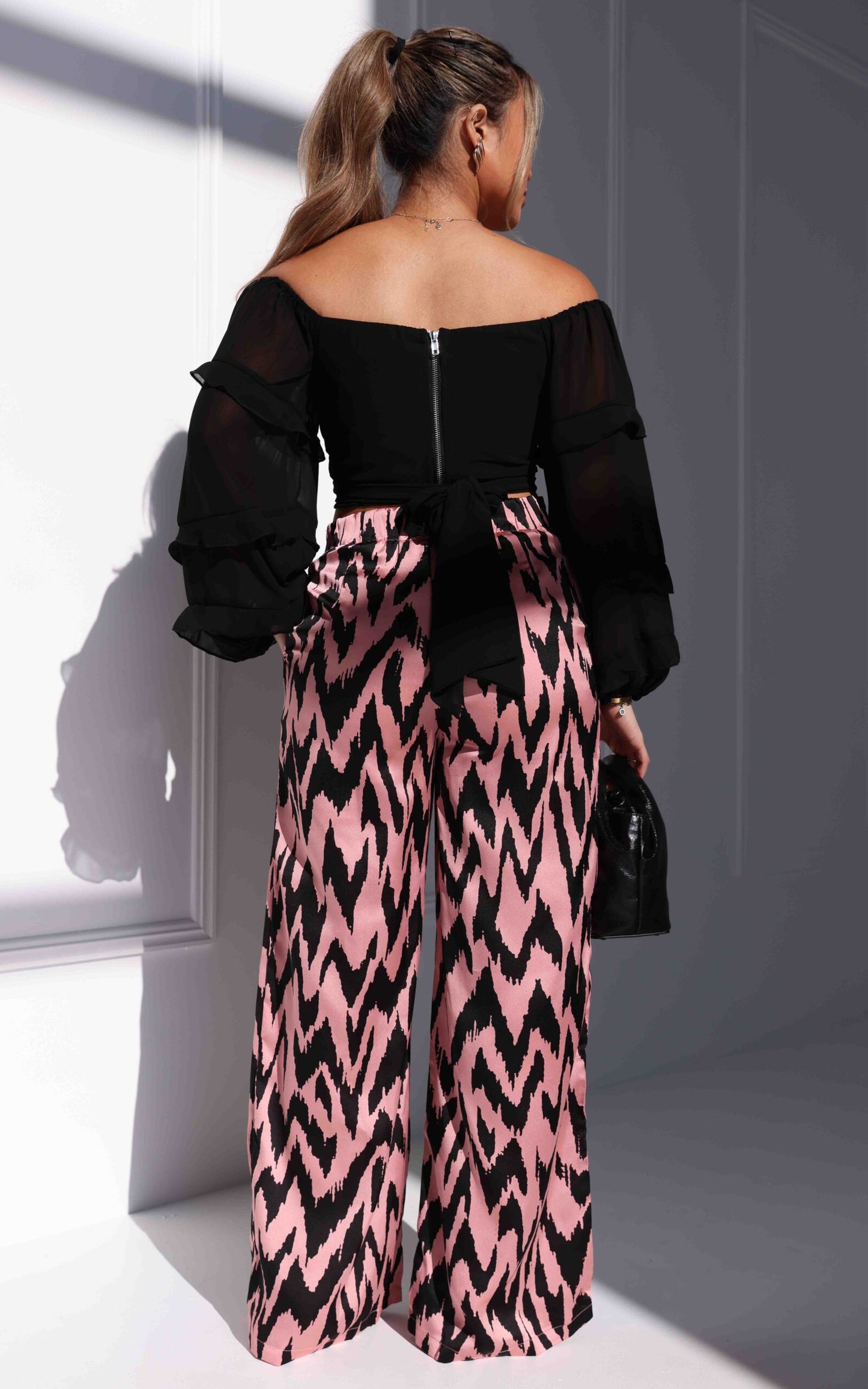 Daya Satin Wide Leg Pants - Pink Black Print