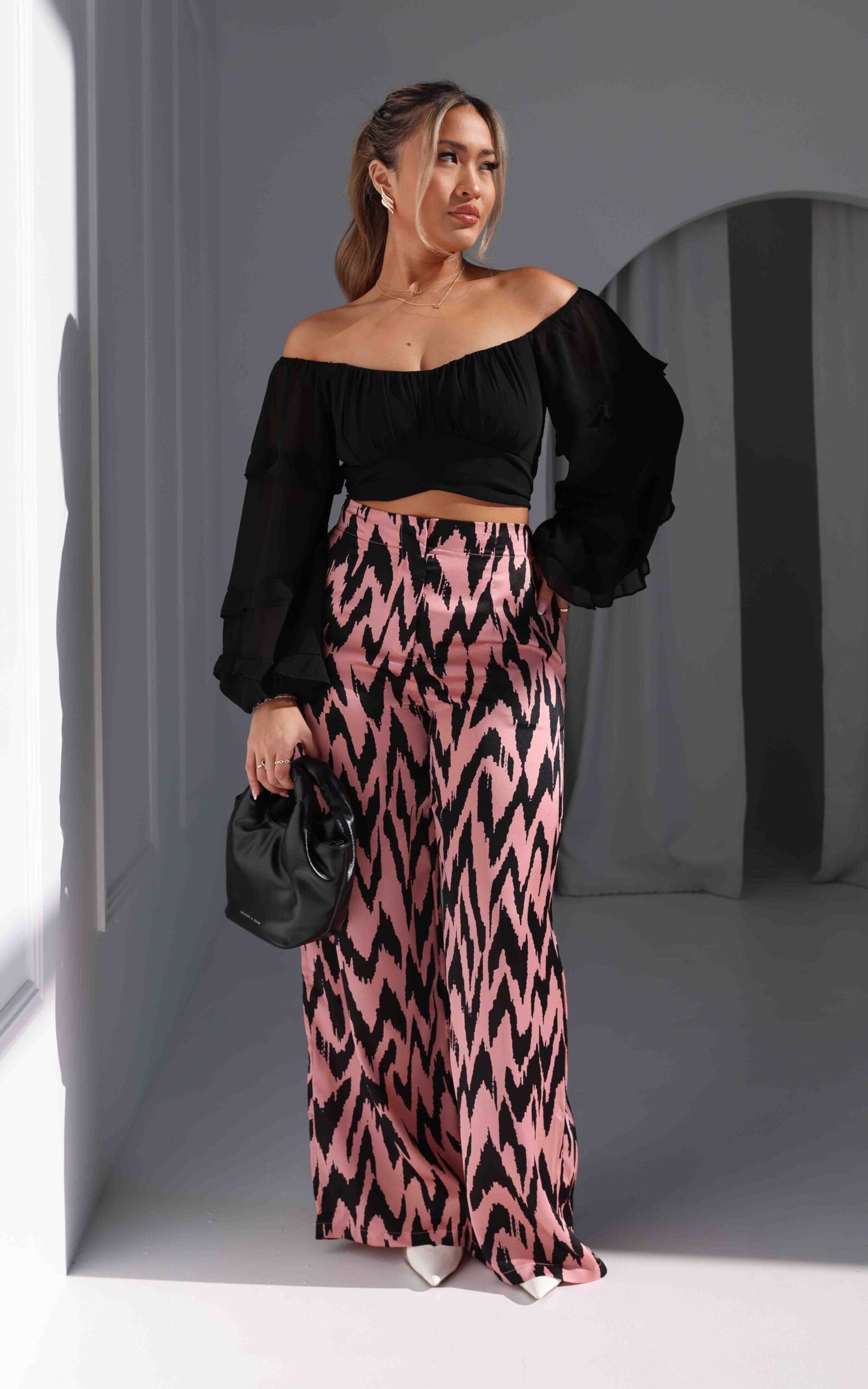 Daya Satin Wide Leg Pants - Pink Black Print