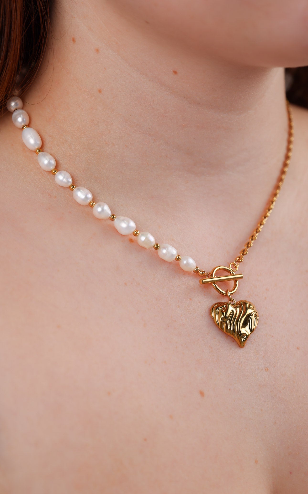 Deidra Necklace - Gold Heart Freshwater Pearl