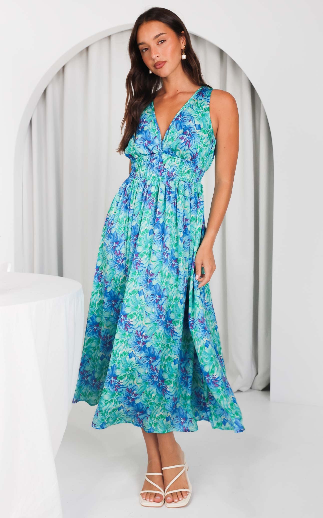 Monique Sleeveless Maxi Dress - Green Blue Floral