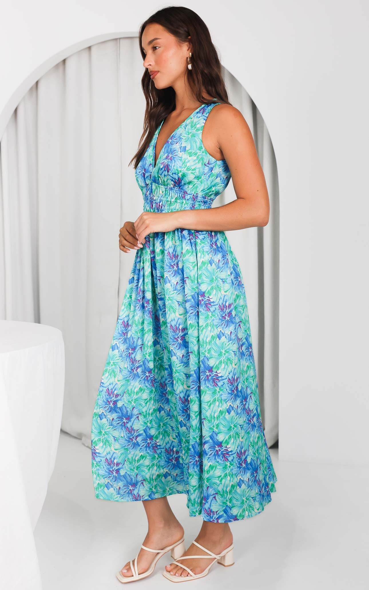 Monique Sleeveless Maxi Dress - Green Blue Floral