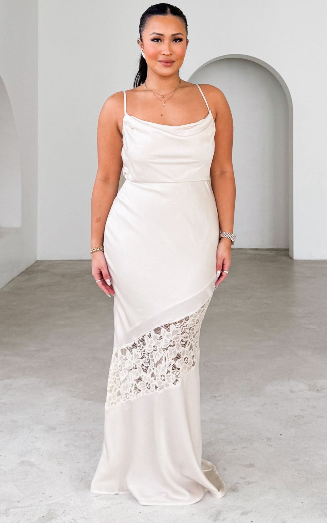 Delphine Diagonal Lace Panel Maxi Dress - Bone