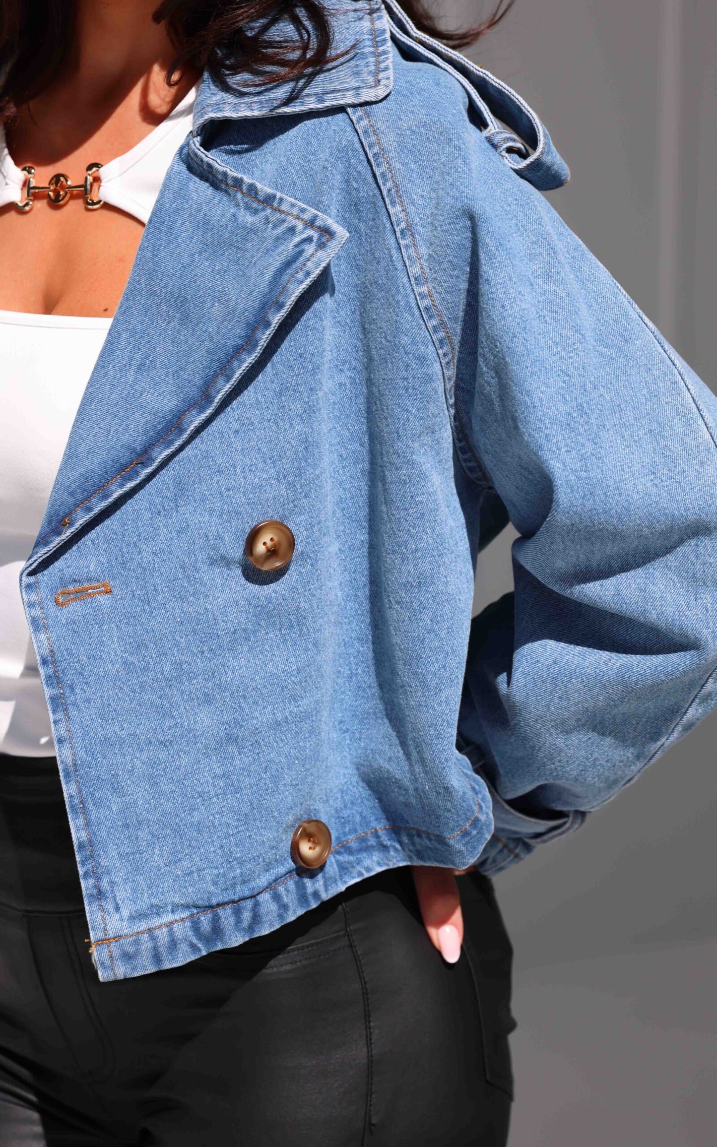 Abigail Denim Crop Trench Jacket - Denim Blue