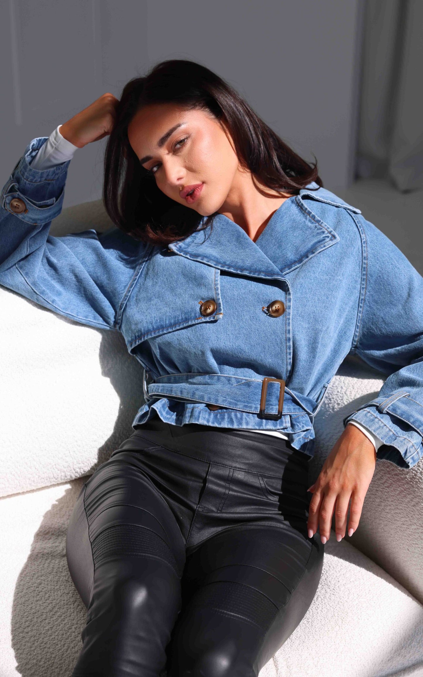 Abigail Denim Crop Trench Jacket - Denim Blue