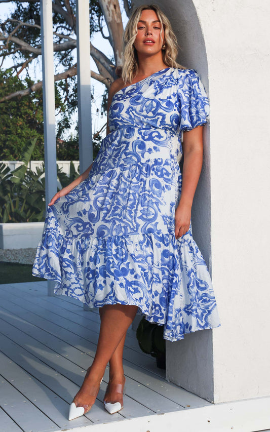 Denver Maxi Dress - White Blue Print