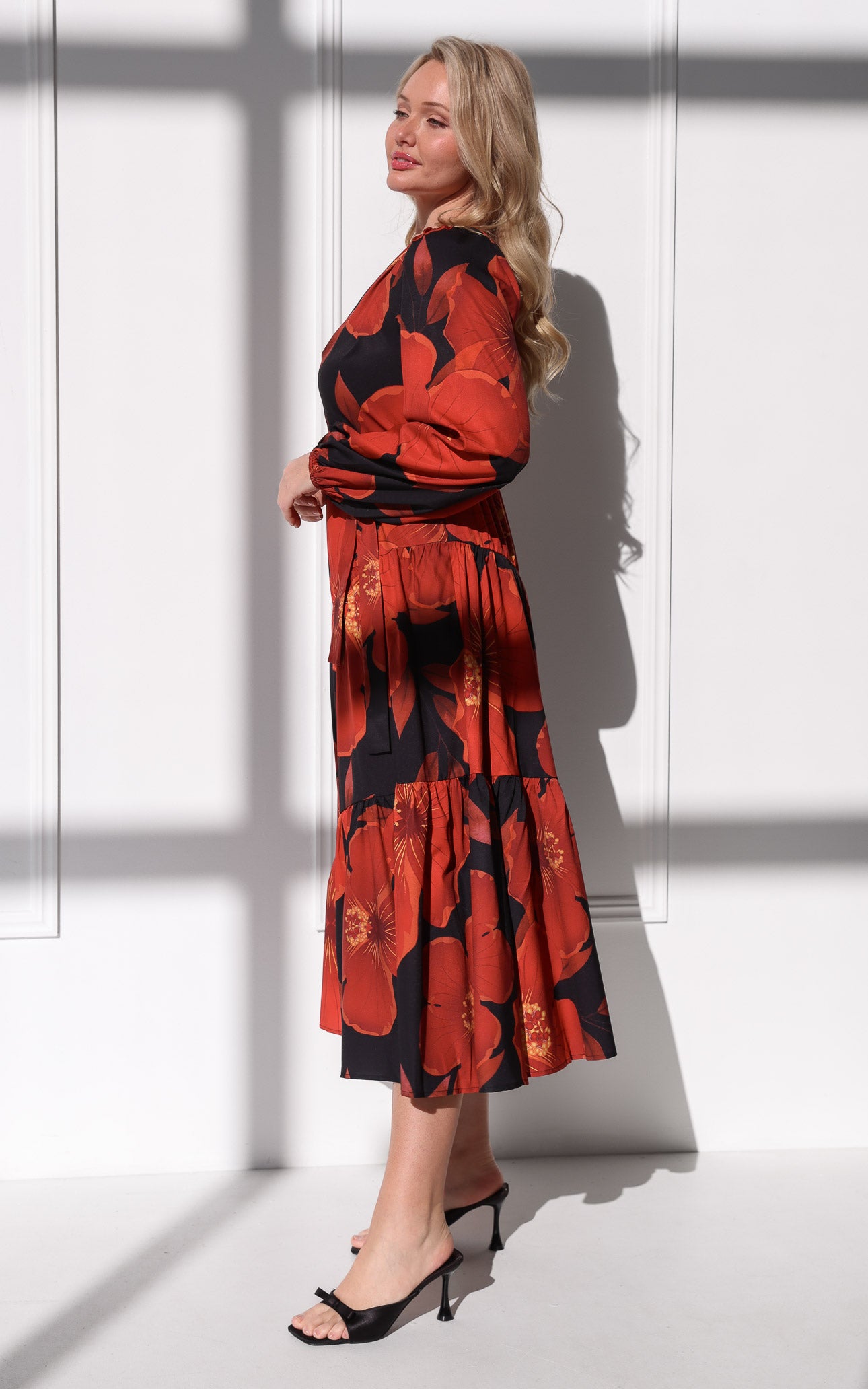 Denver Long Sleeve Maxi Dress - Black Red Floral