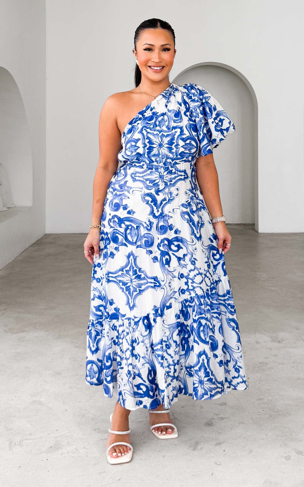 Denver Maxi Dress - White Blue Print