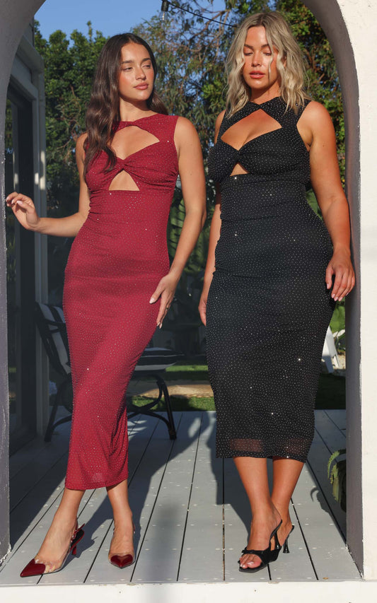 Deon Embellished Mesh Maxi Dress - Wine