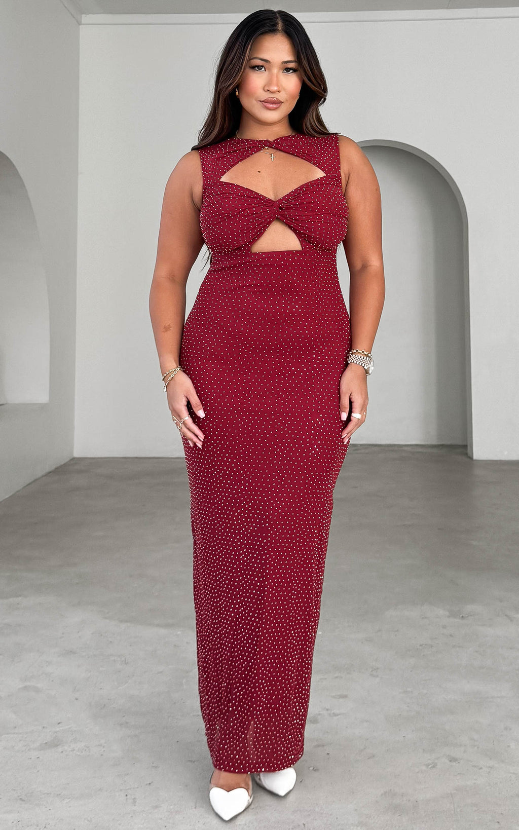 Deon Embellished Mesh Maxi Dress - Wine