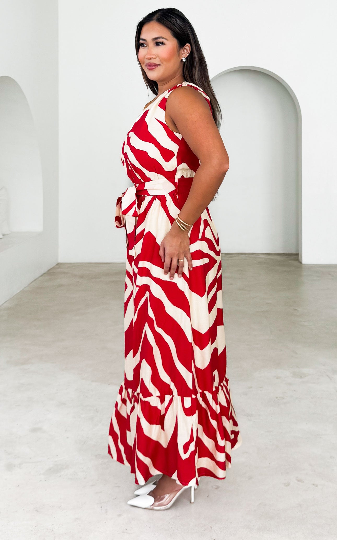 Devina Maxi Dress - Red Cream Abstract Print
