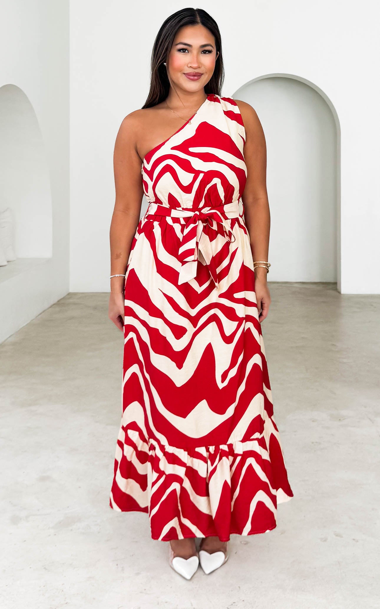 Devina Maxi Dress - Red Cream Abstract Print