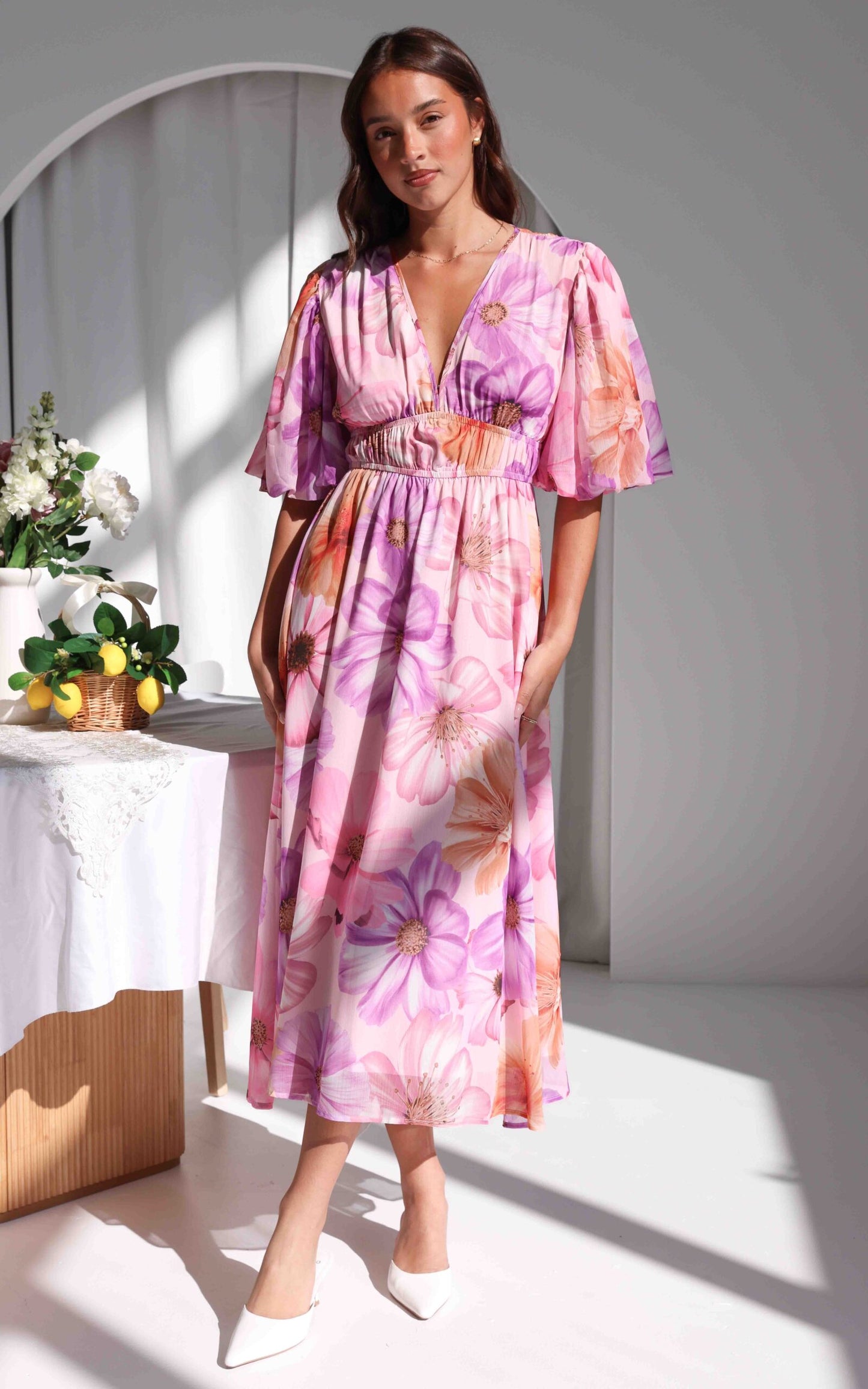 Diana Short Sleeve Maxi Dress - Pink Lilac Floral