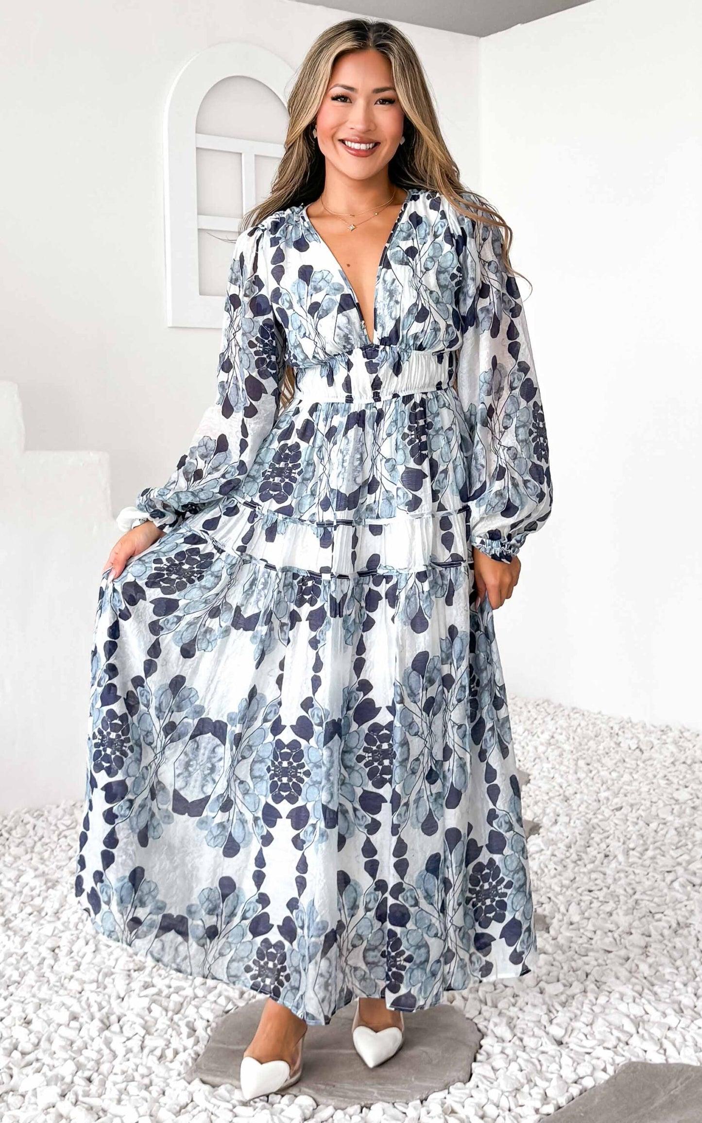 Diana Long Sleeve Maxi Dress - Blue Print