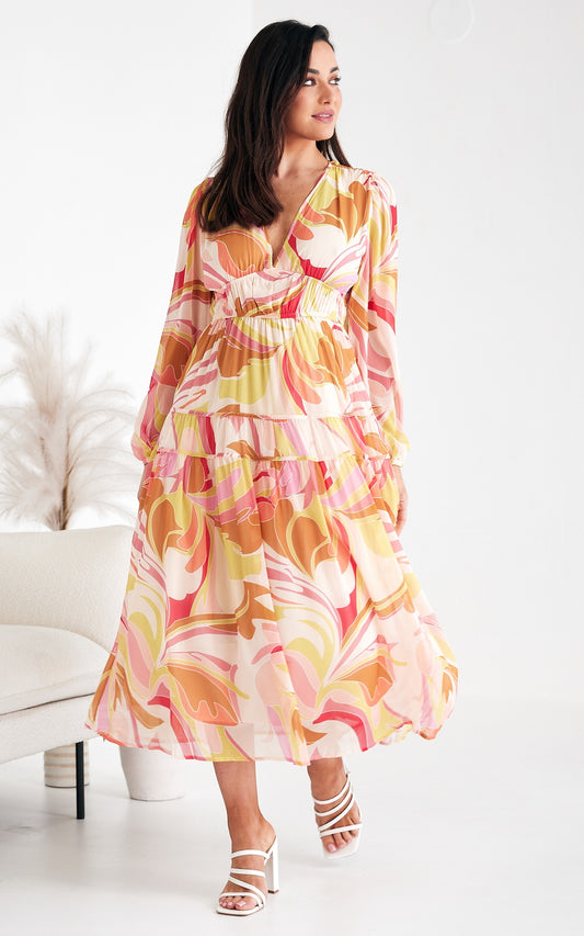 Diana Long Sleeve Maxi Dress - Yellow Cream Multi Print