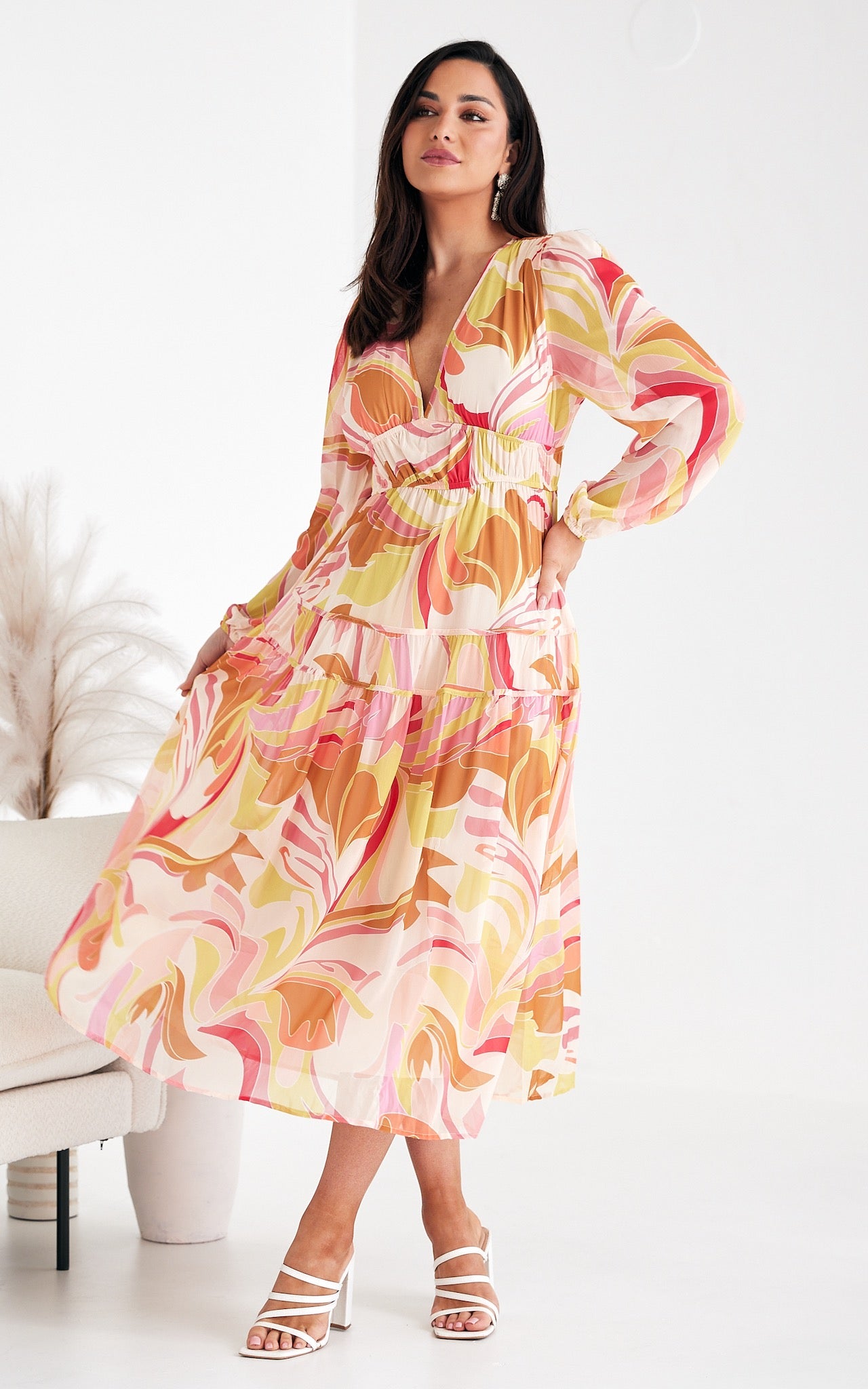 Diana Long Sleeve Maxi Dress - Yellow Cream Multi Print