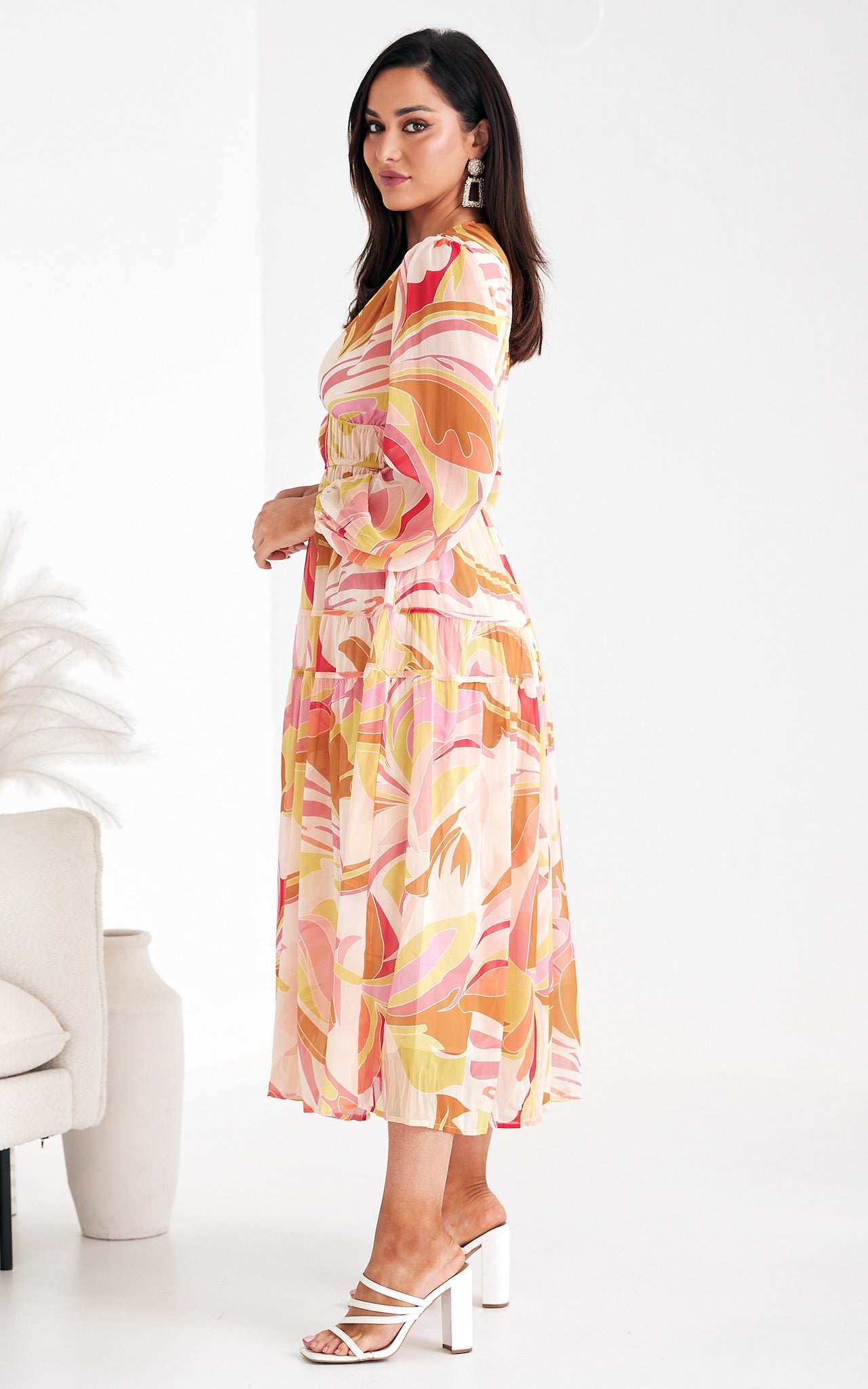 Diana Long Sleeve Maxi Dress - Yellow Cream Multi Print