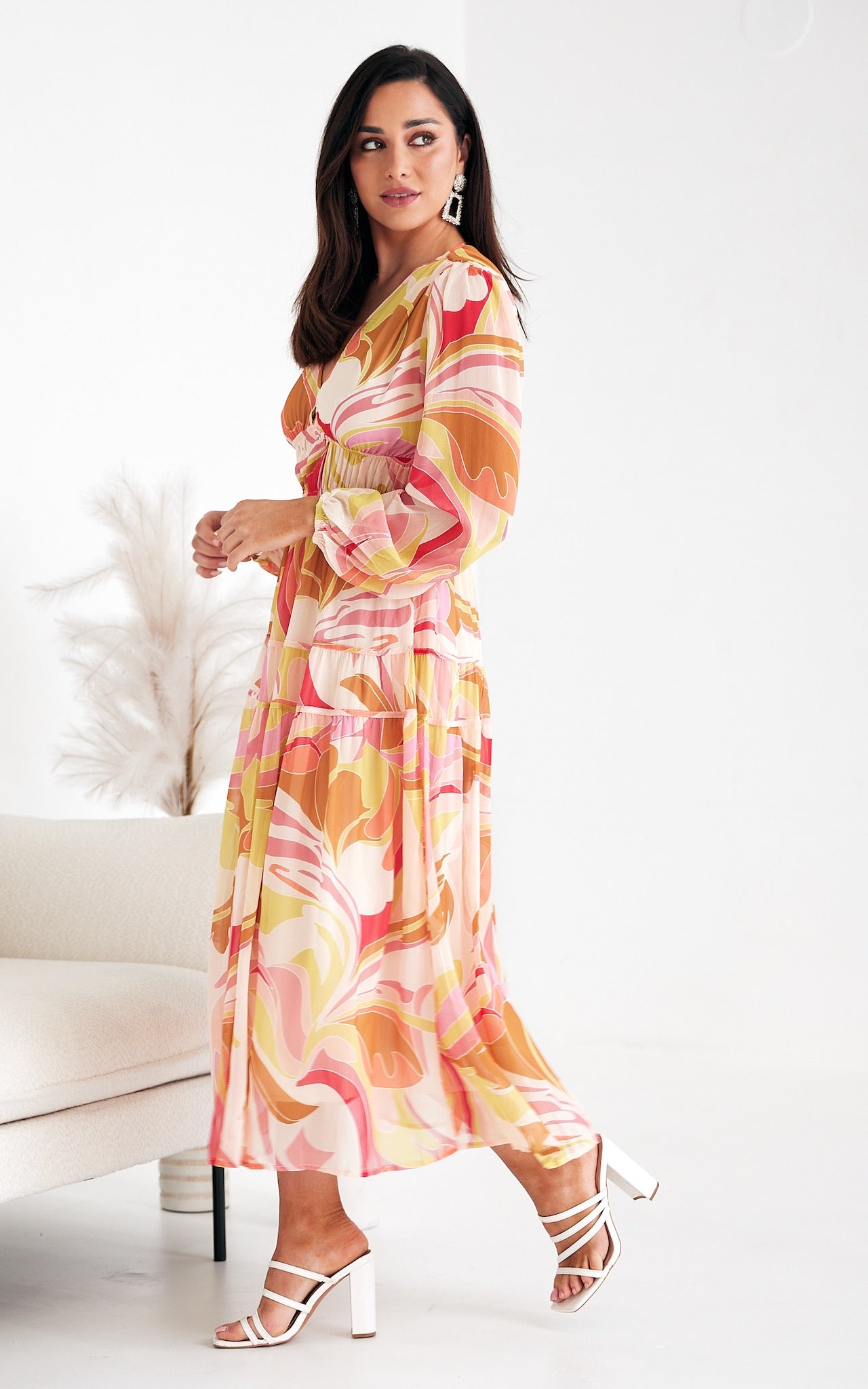 Diana Long Sleeve Maxi Dress - Yellow Cream Multi Print