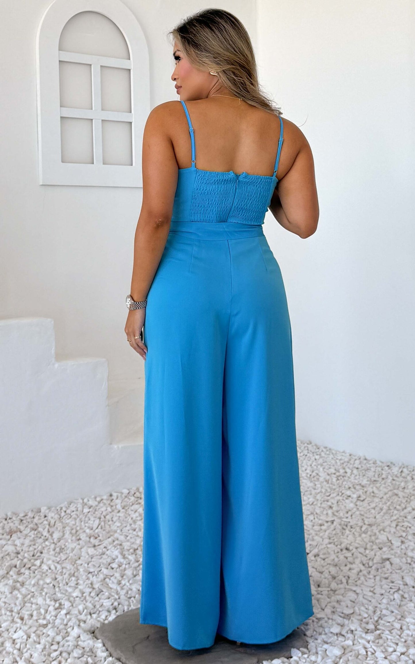 Diaz Shirred Back Panel Wide Leg Jumpsuit - Blue