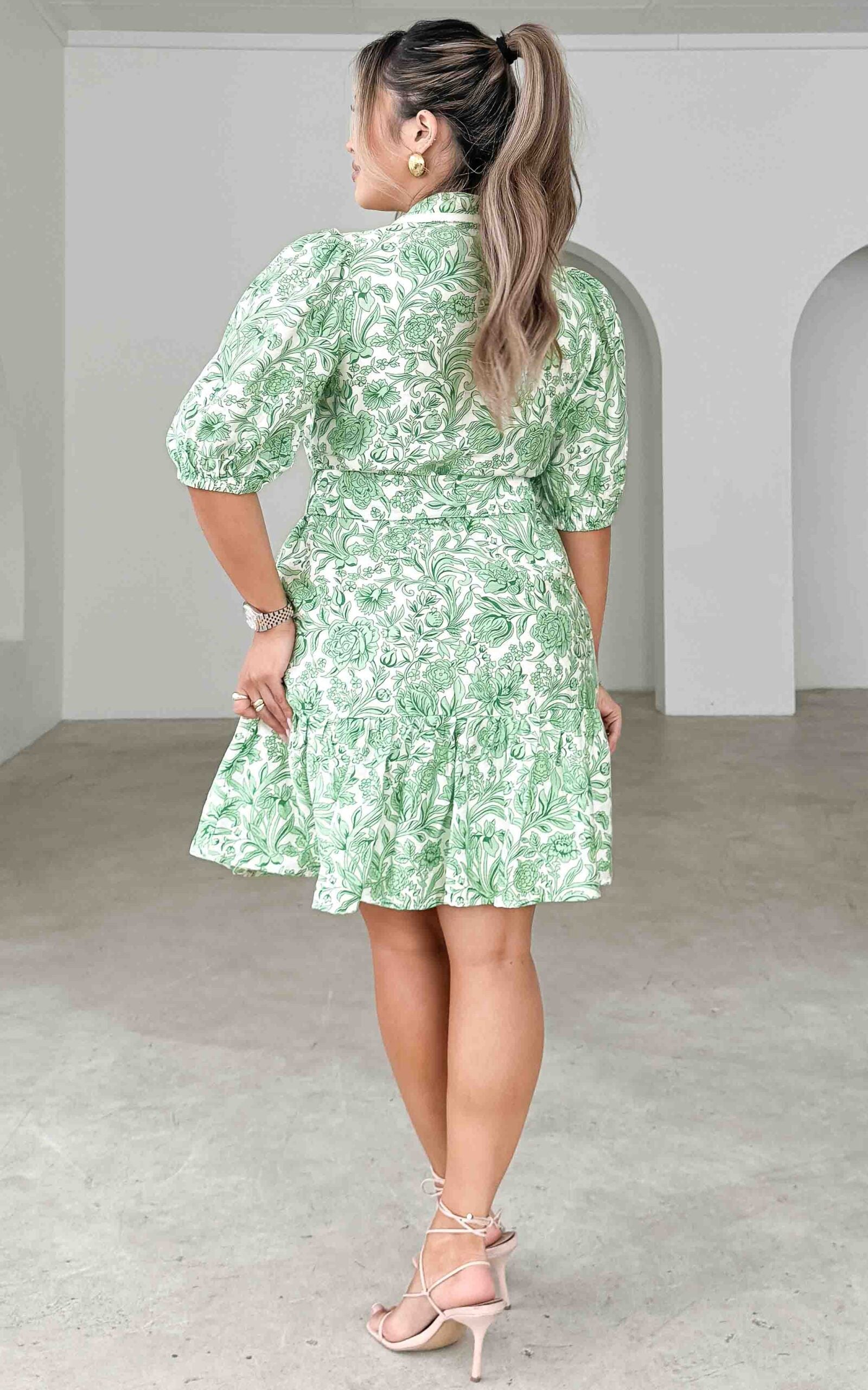 Doneth Mini Dress - White Green Print