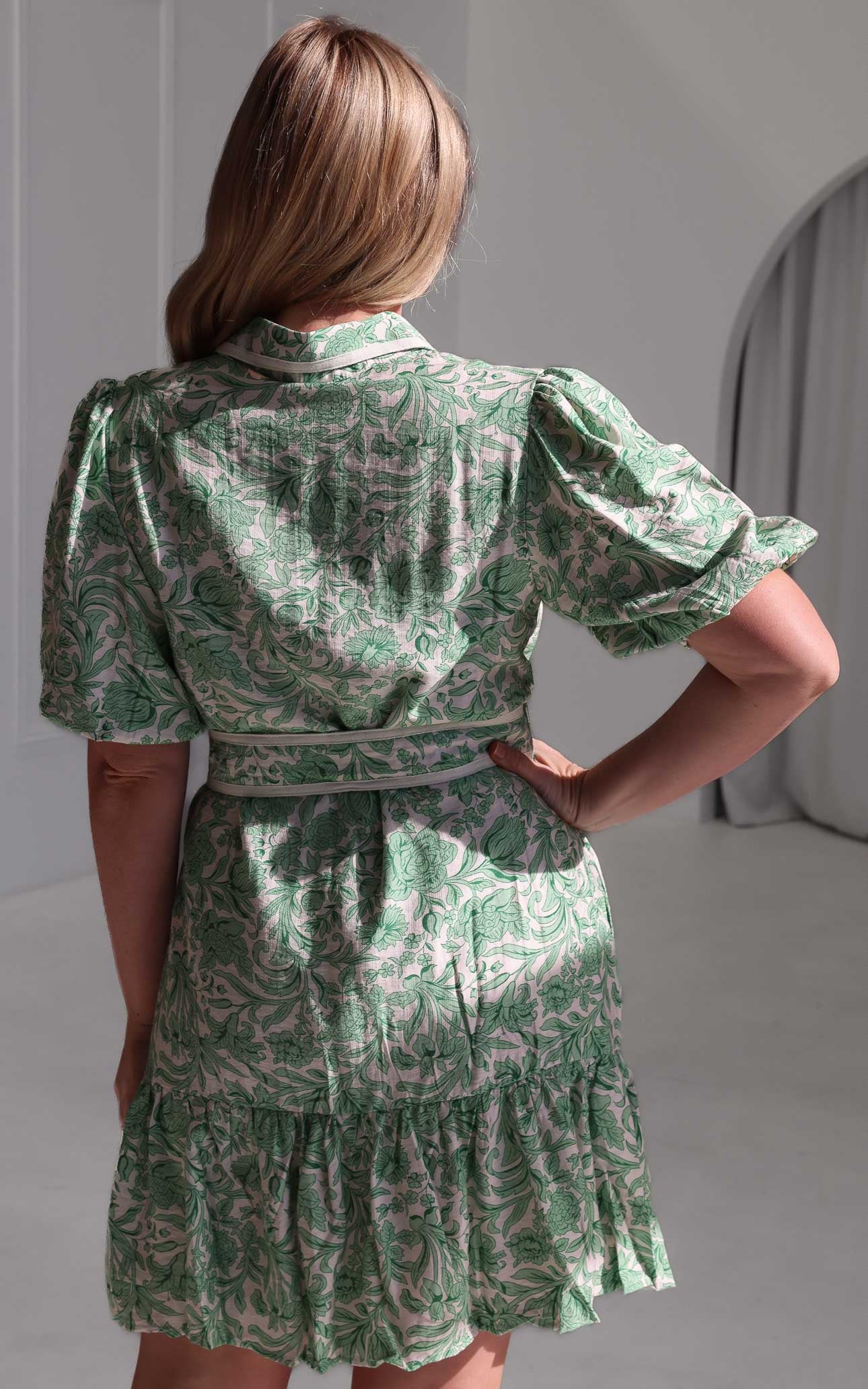 Doneth Mini Dress - White Green Print