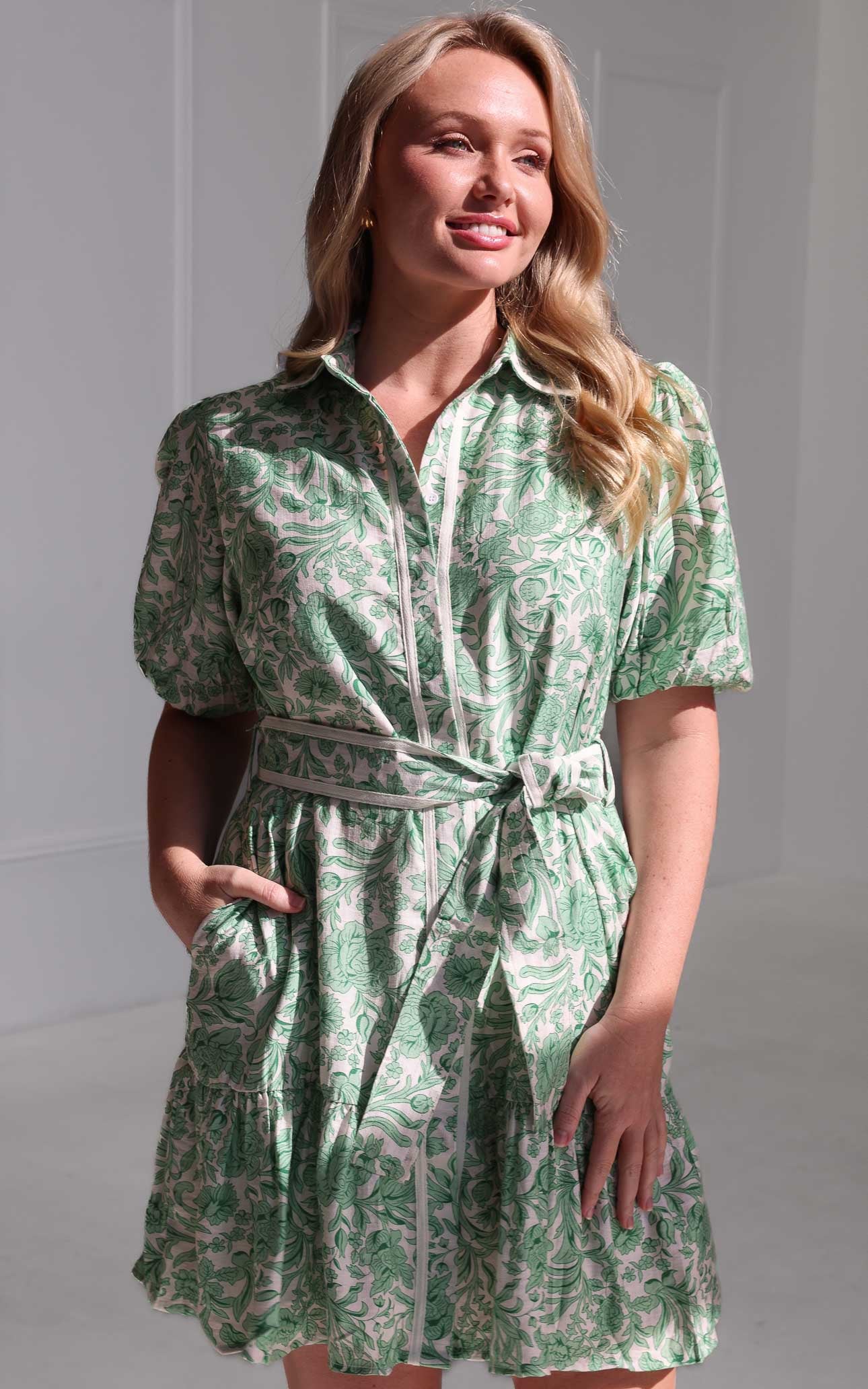 Doneth Mini Dress - White Green Print