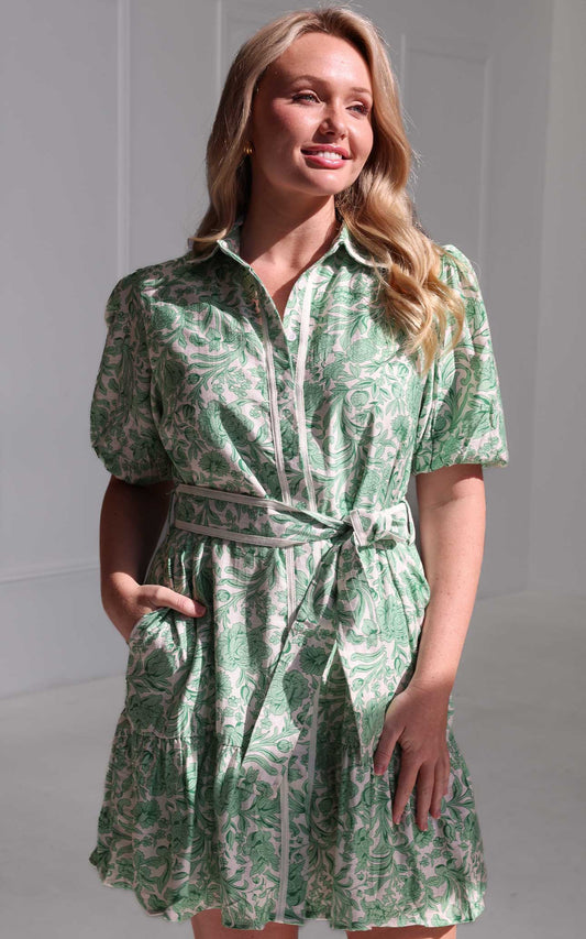 Doneth Mini Dress - White Green Print