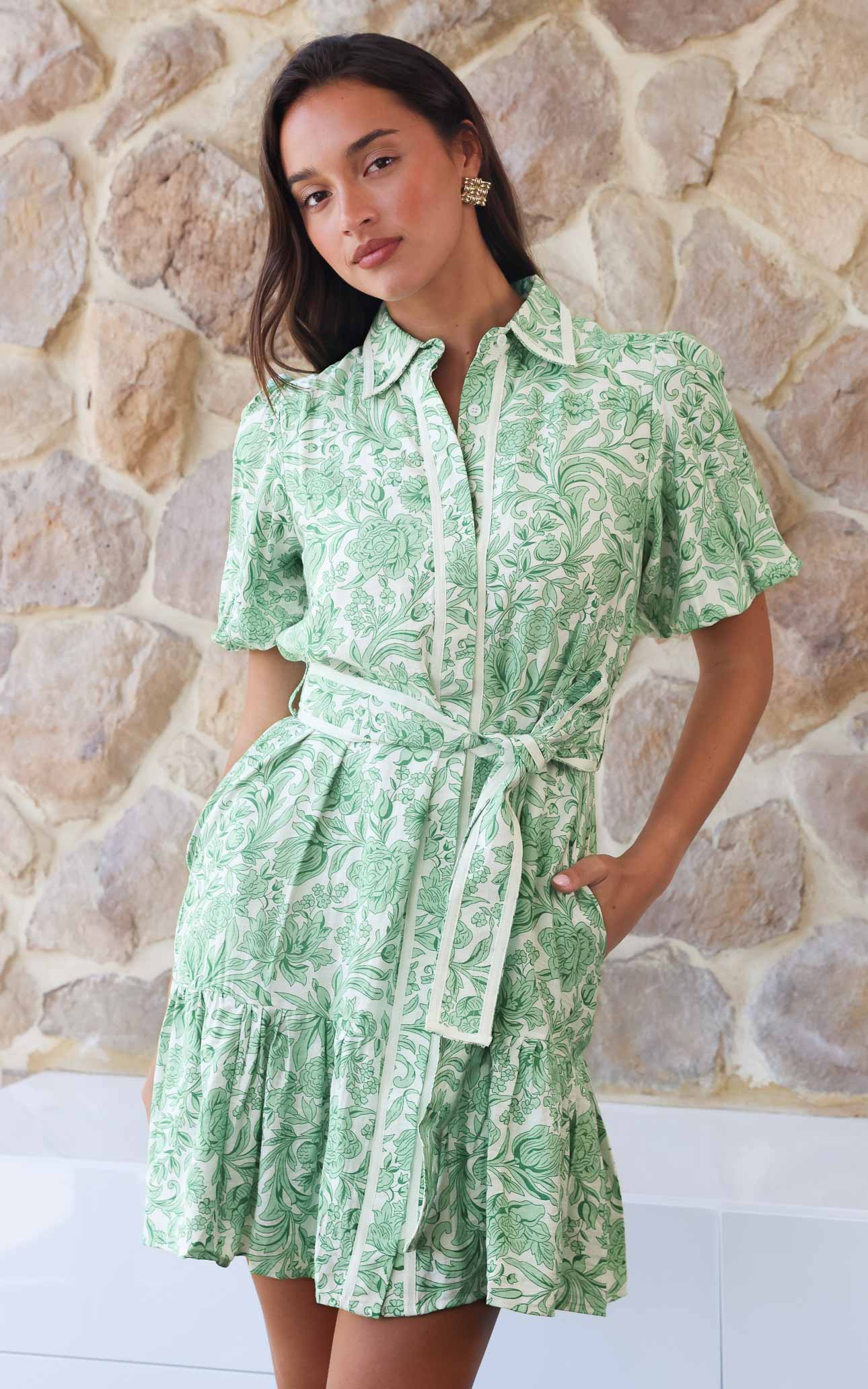 Doneth Mini Dress - White Green Print