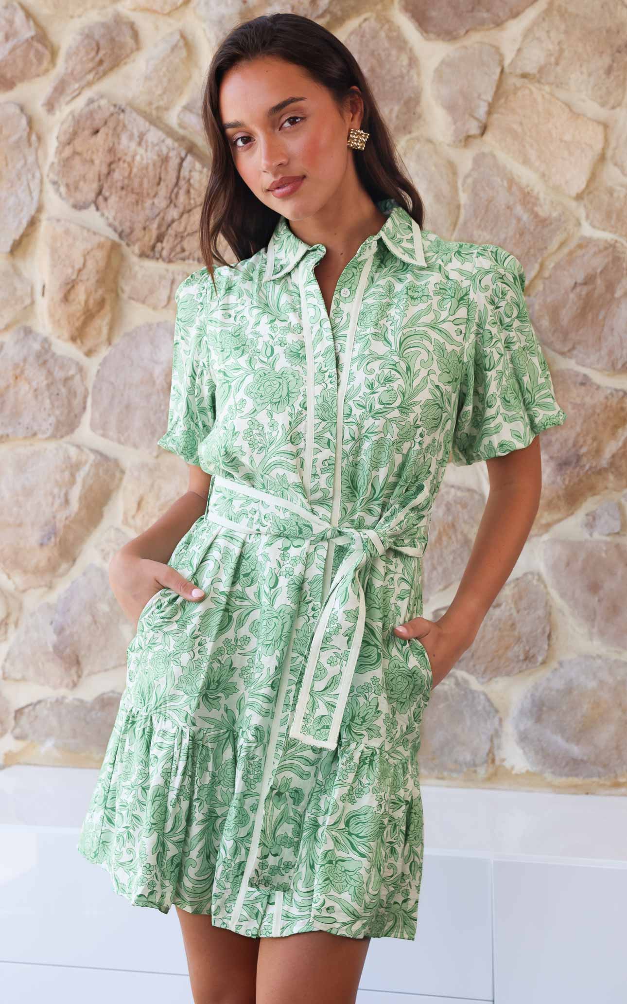 Doneth Mini Dress - White Green Print