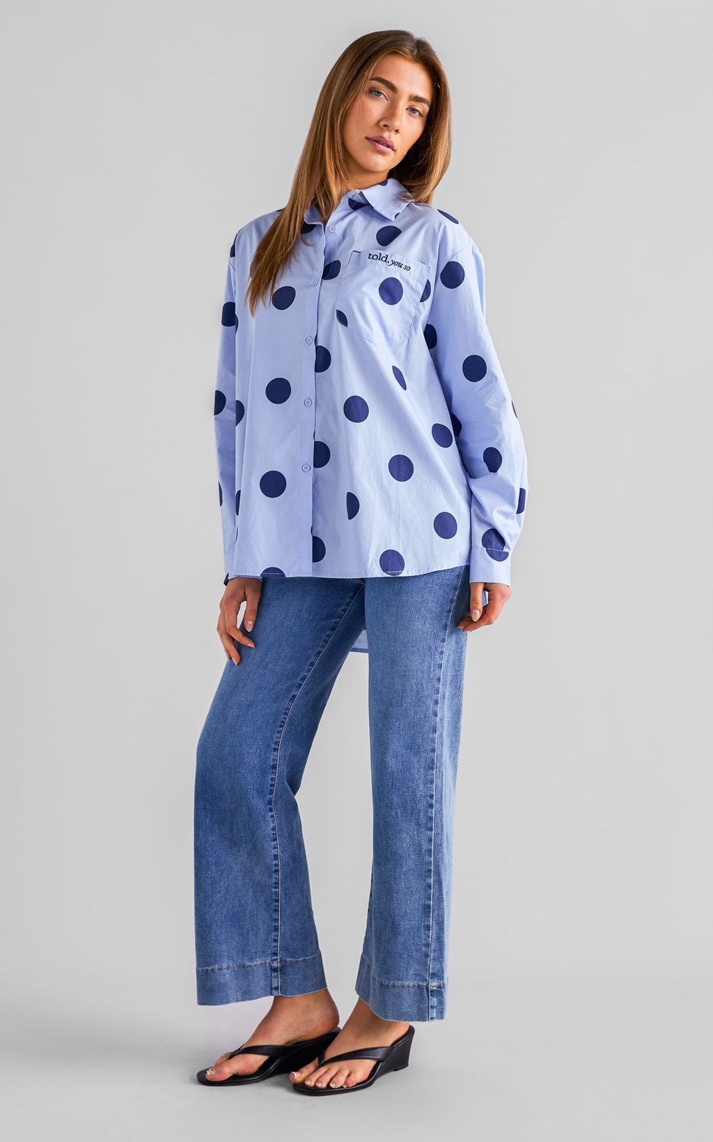 Deezu Oversized Shirt - Light Blue Navy Polka Dot