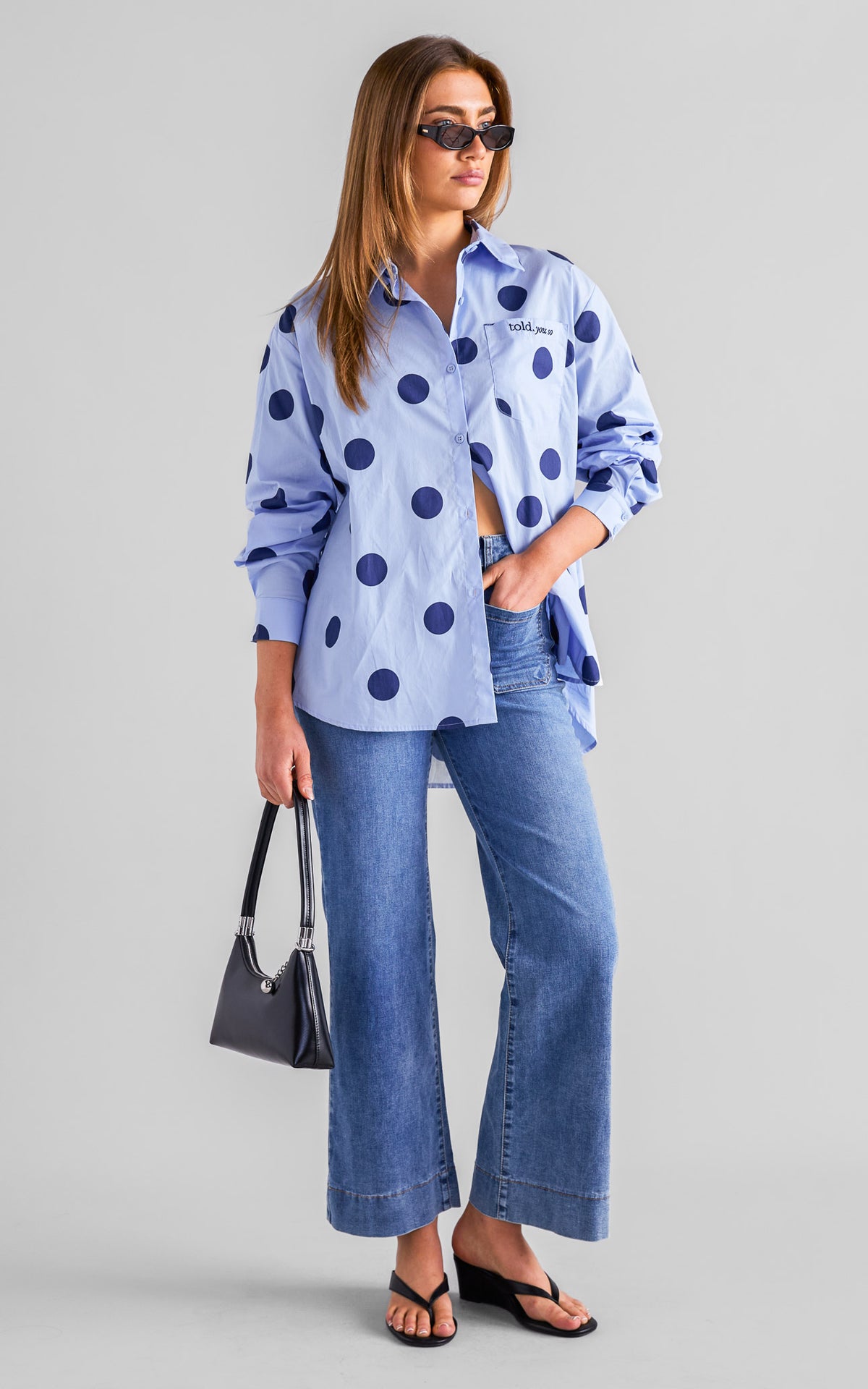 Deezu Oversized Shirt - Light Blue Navy Polka Dot