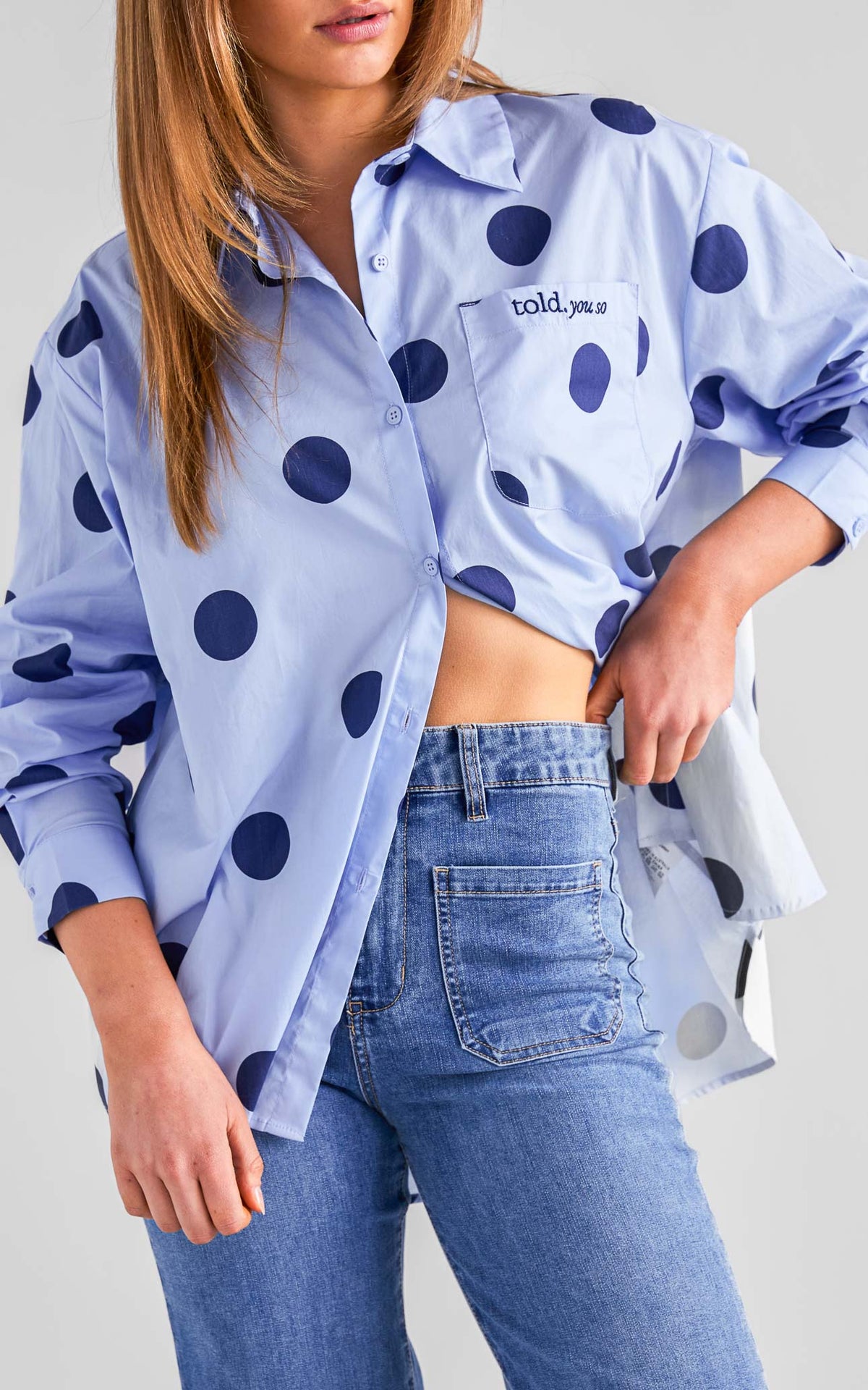 Deezu Oversized Shirt - Light Blue Navy Polka Dot