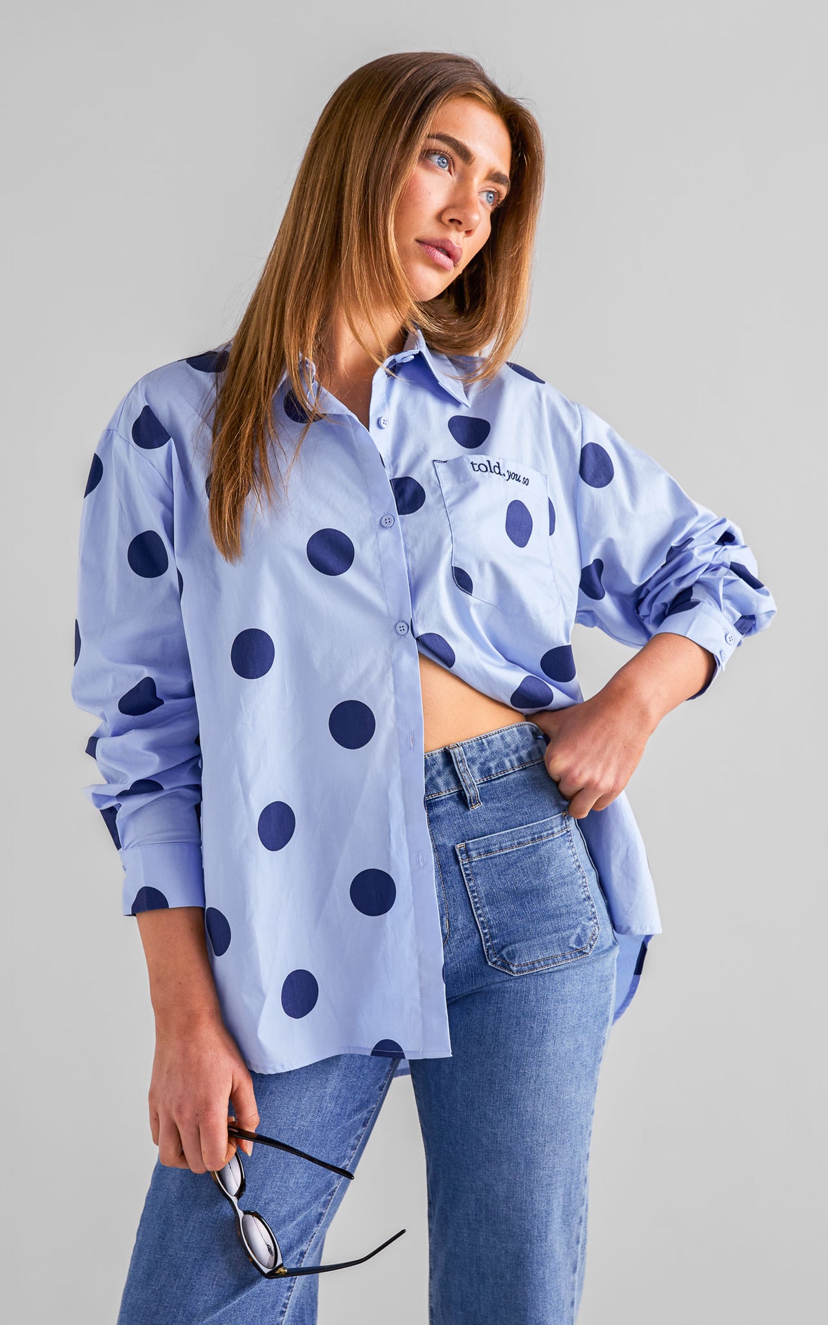 Deezu Oversized Shirt - Light Blue Navy Polka Dot