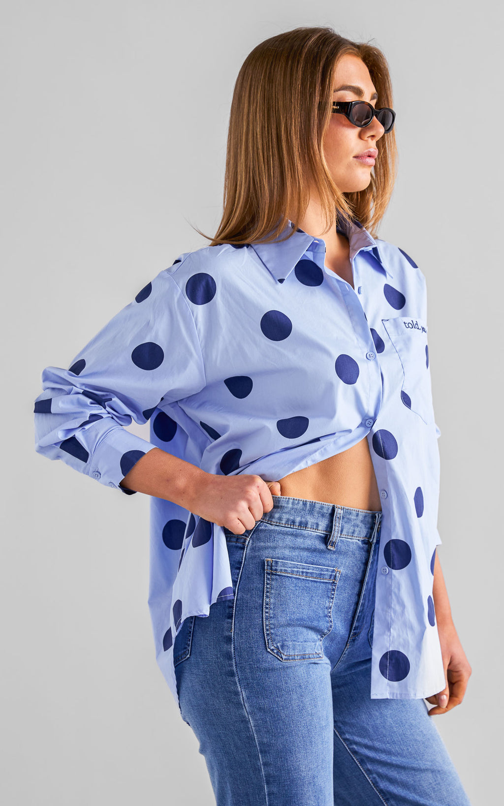 Deezu Oversized Shirt - Light Blue Navy Polka Dot