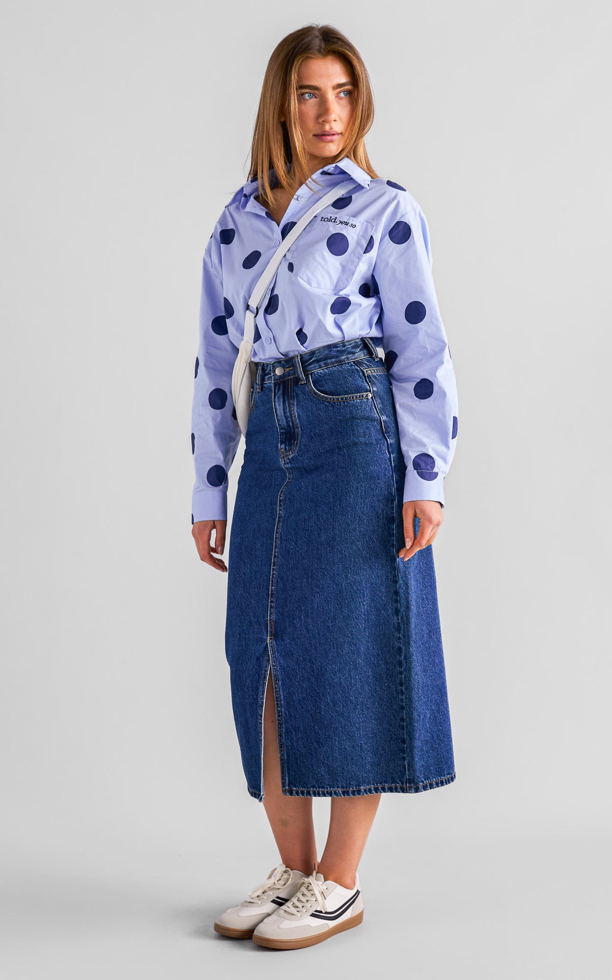 Deezu Oversized Shirt - Light Blue Navy Polka Dot