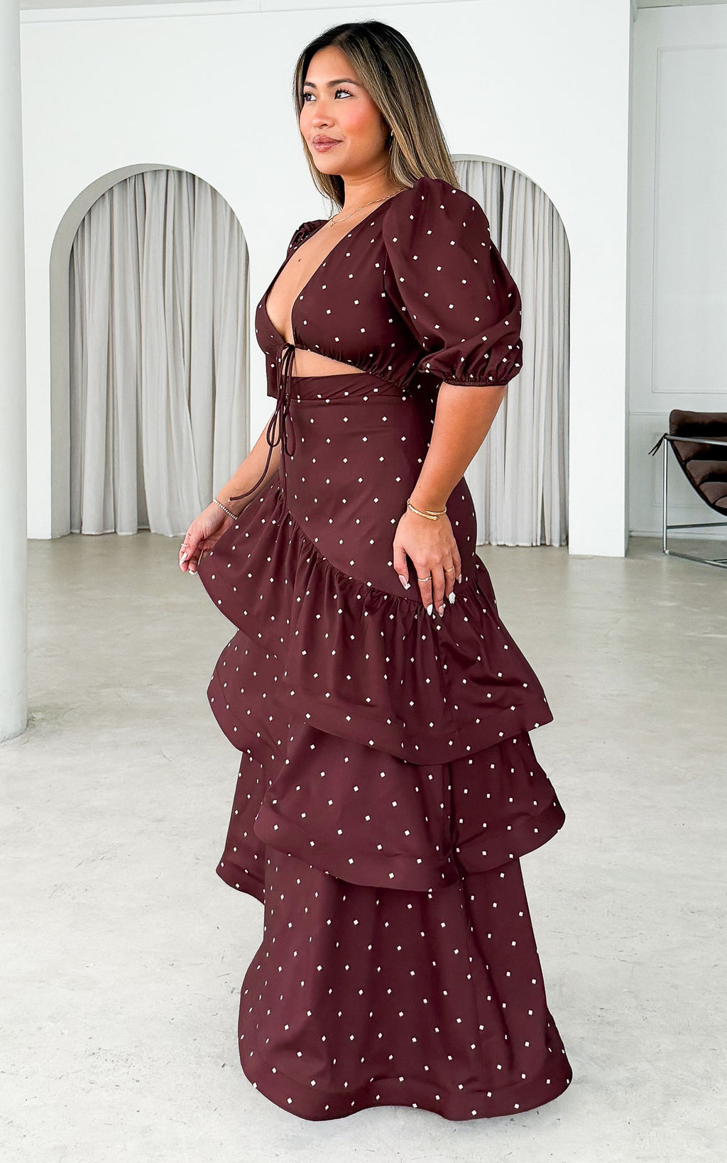 Deja Maxi Dress - Chocolate Brown Cream Diamond