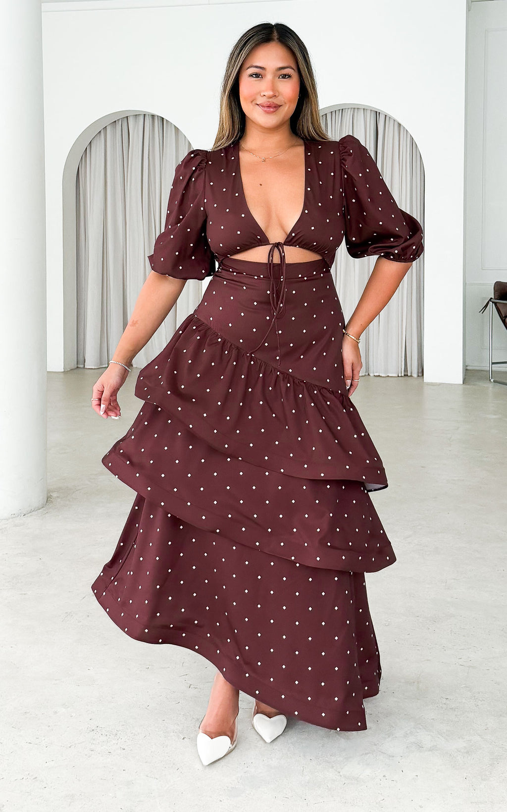 Deja Maxi Dress - Chocolate Brown Cream Diamond