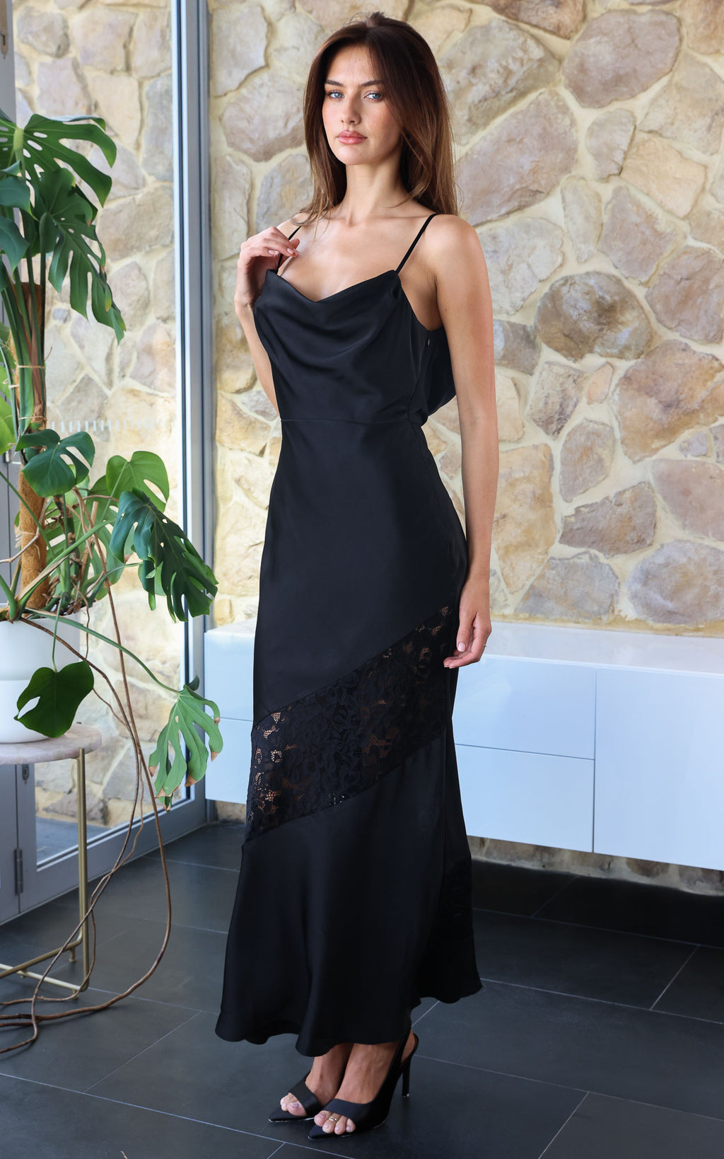 Delphine Diagonal Lace Panel Maxi Dress - Black