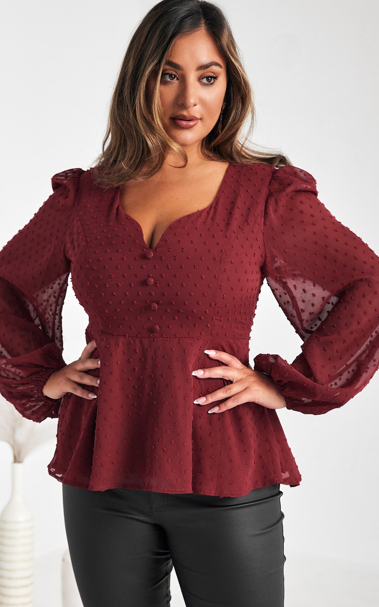 Edwina Peplum Top - Wine Texture