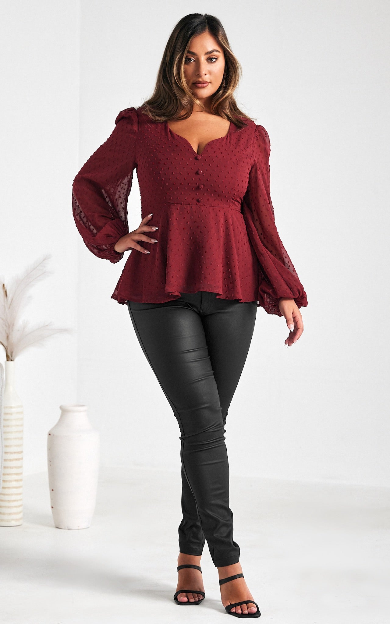 Edwina Peplum Top - Wine Texture