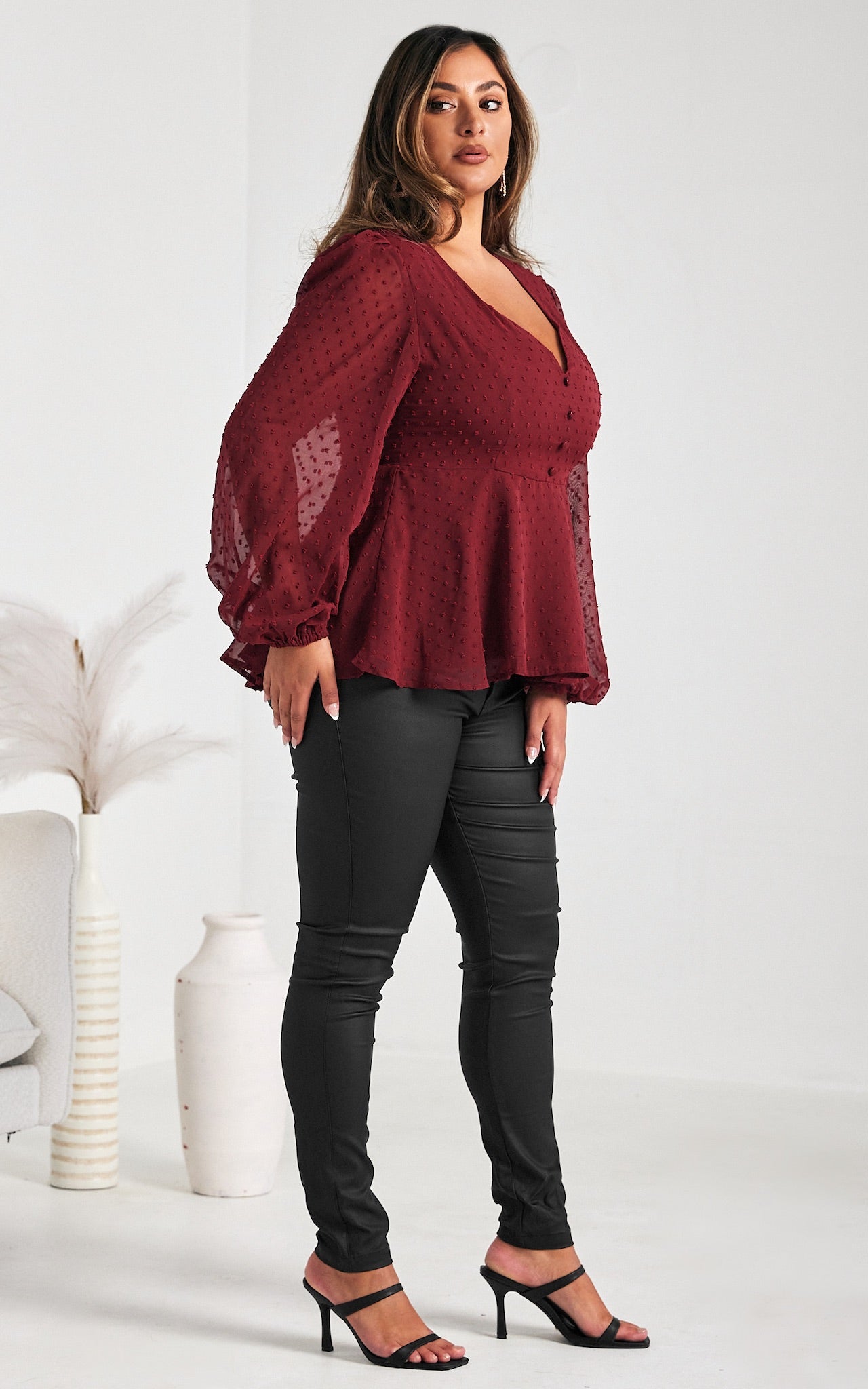 Edwina Peplum Top - Wine Texture